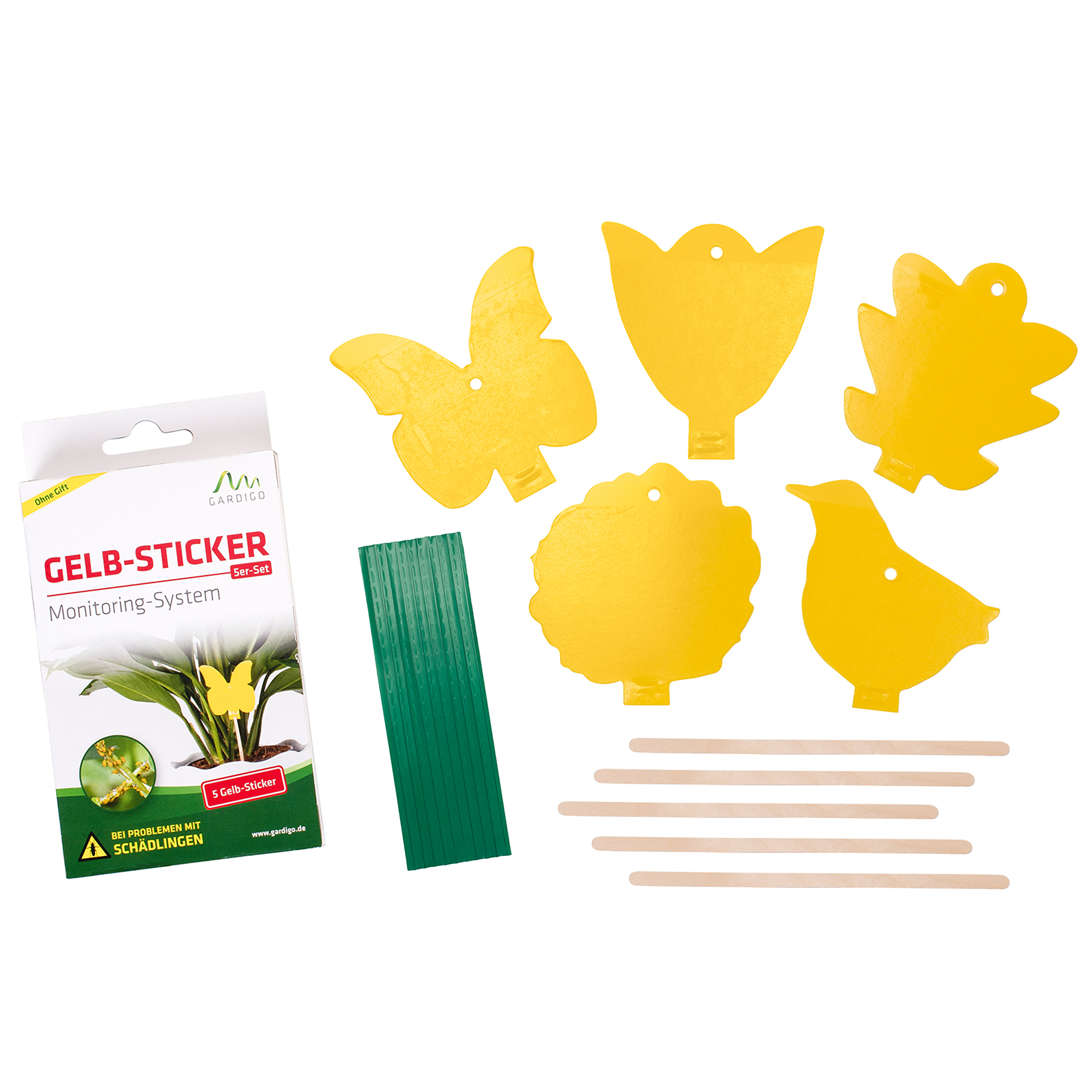 668005-Gelbsticker-5er-Set-insekten-monitoring-system Das Set besteht aus den fünf Klebefallen, fünf Holzstiehlen zum Einstecken und einigen Bändern zum Aufhängen.