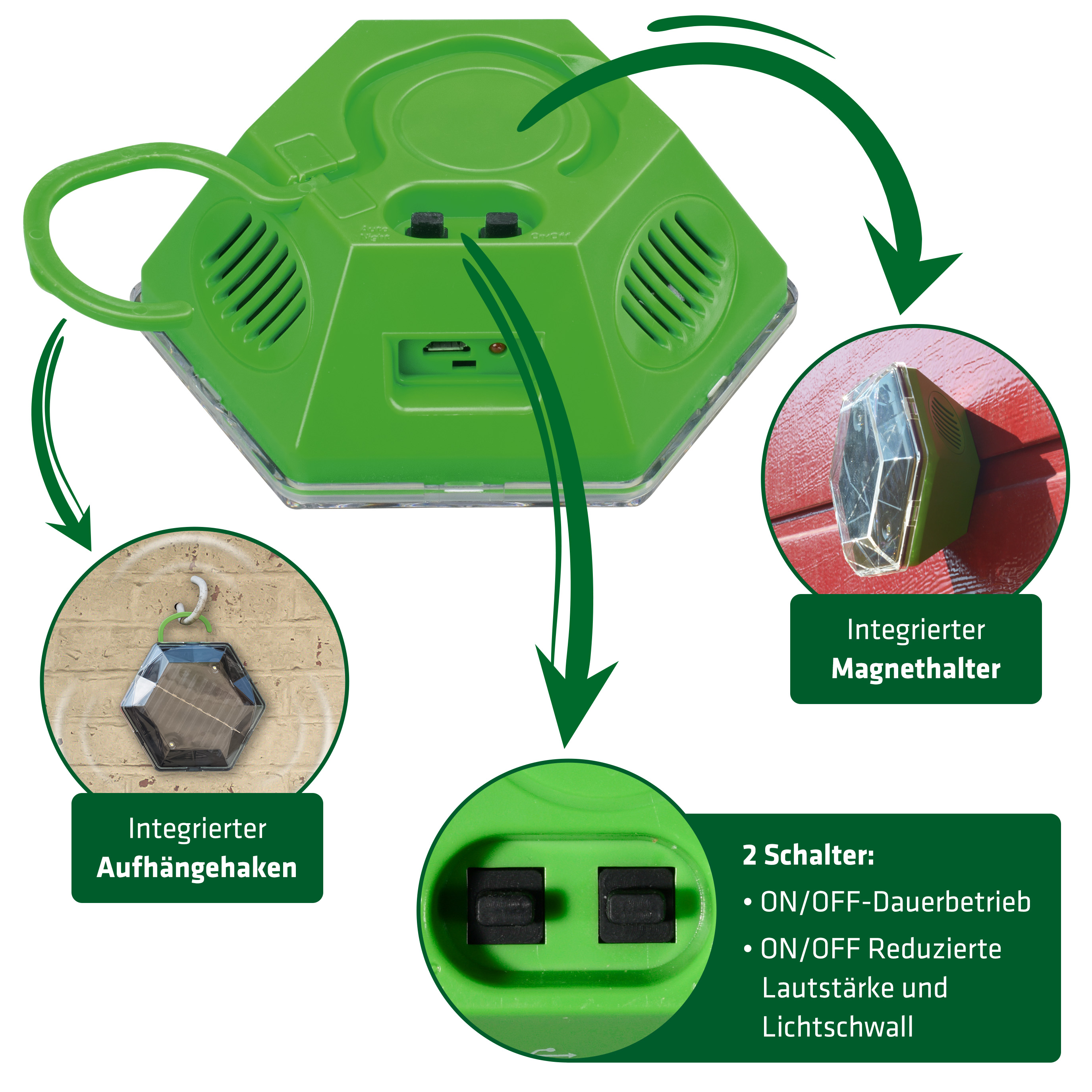 vogelschreck-aufhaenger-70600 Aufhänger und eine Magnethalterung sind integeriert.
