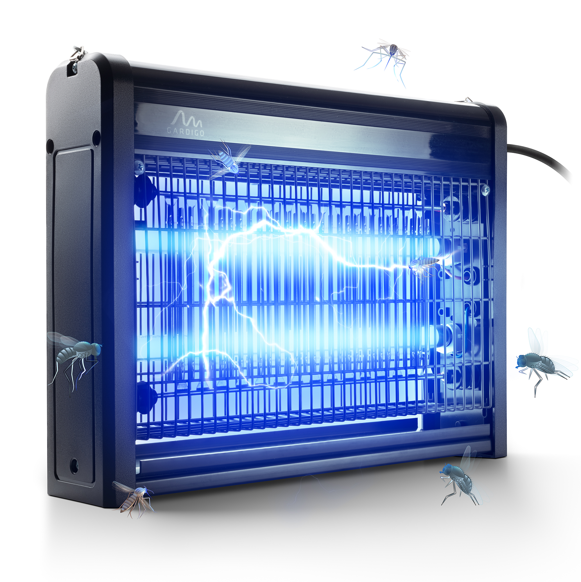 Fliegengfalle elektrisch Elektrische Fliegenfalle von Gardigo. Insektenvernichter mit UV-Licht und Hochspannungsgitter in schwarzem Kunststoffgehäuse.