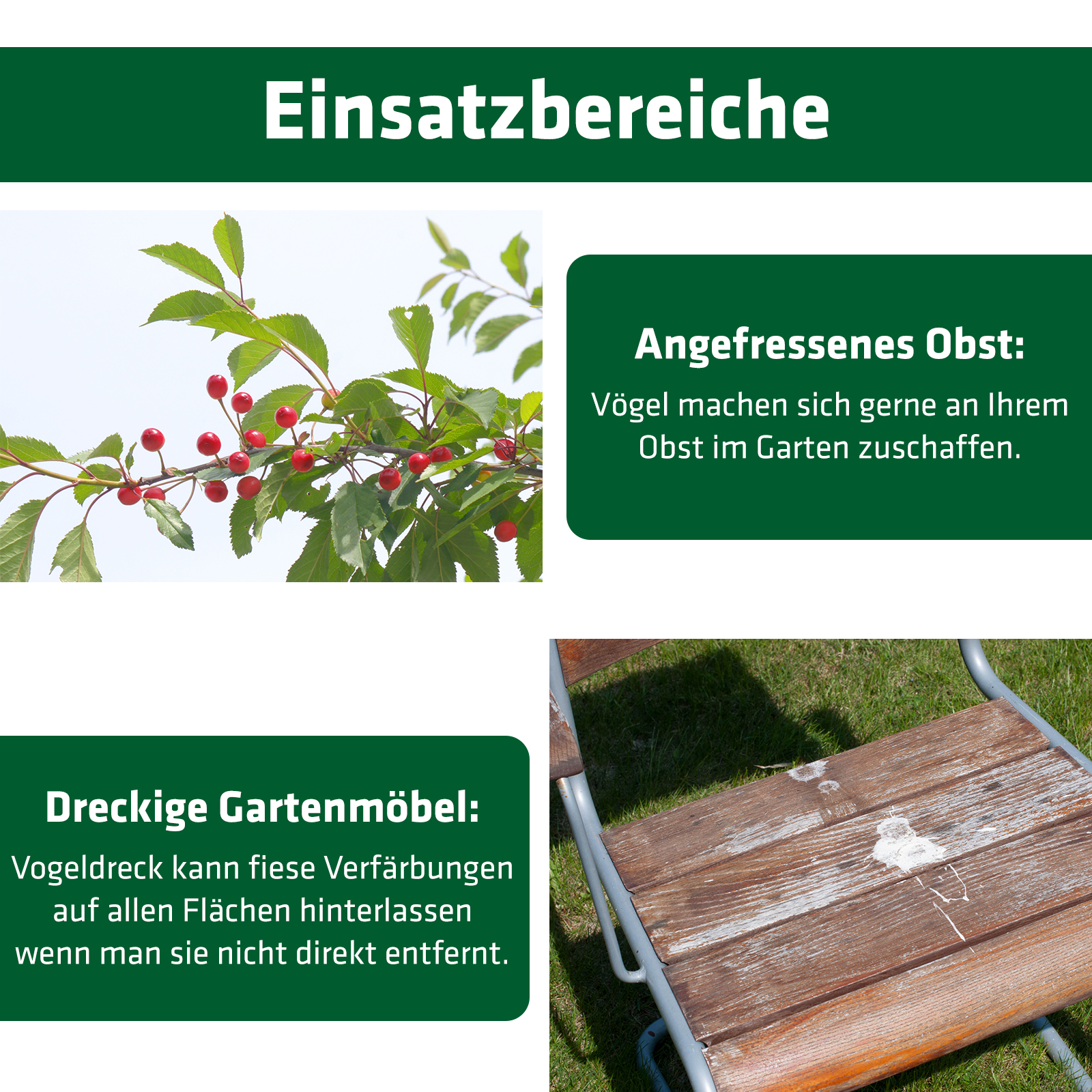 einsatzbereiche-vogelabwehr-60090 Vogelkot auf der Terrasse, den Gartenmöbeln oder abgefressene Kirschbäume. Bei diesen Problemen hilft die Vogel-Abwehr Solar!
