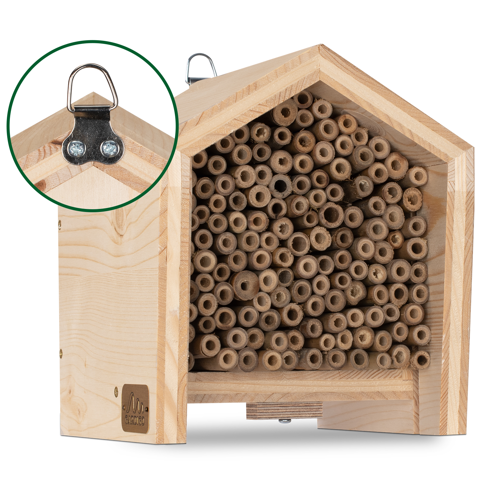 92304-tier-haus-bienen-aufhaengung-haken Durch den Haken an der Rückseite lässt sich das Haus auch überall aufhängen.