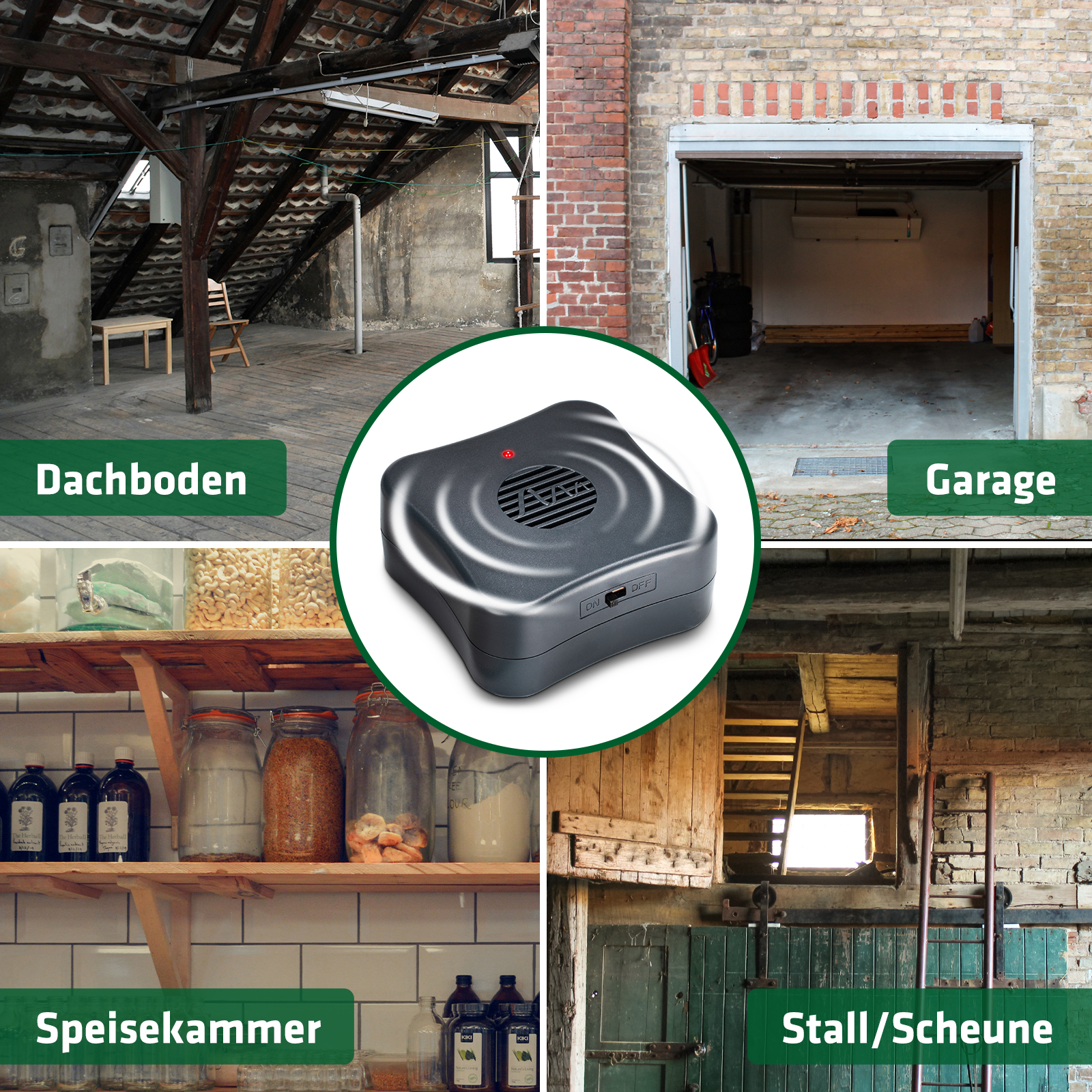 anwendungsorte-maus-vertreiber-66950 Mäuseabwehr für Dachboden, Garage, Speisekammer, Stall und Scheune