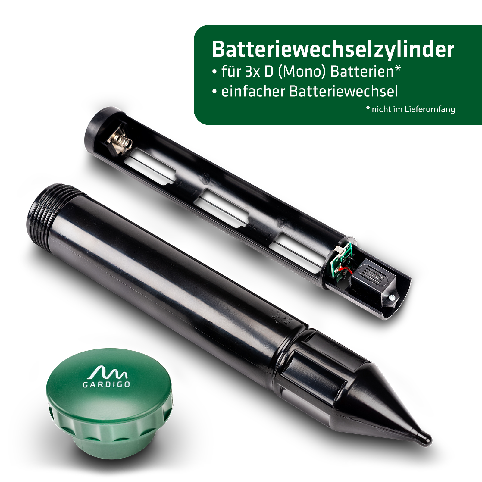 Mit dem Batteriewechselzylinder kann das Gerät beim Austausch im Boden bleiben. 