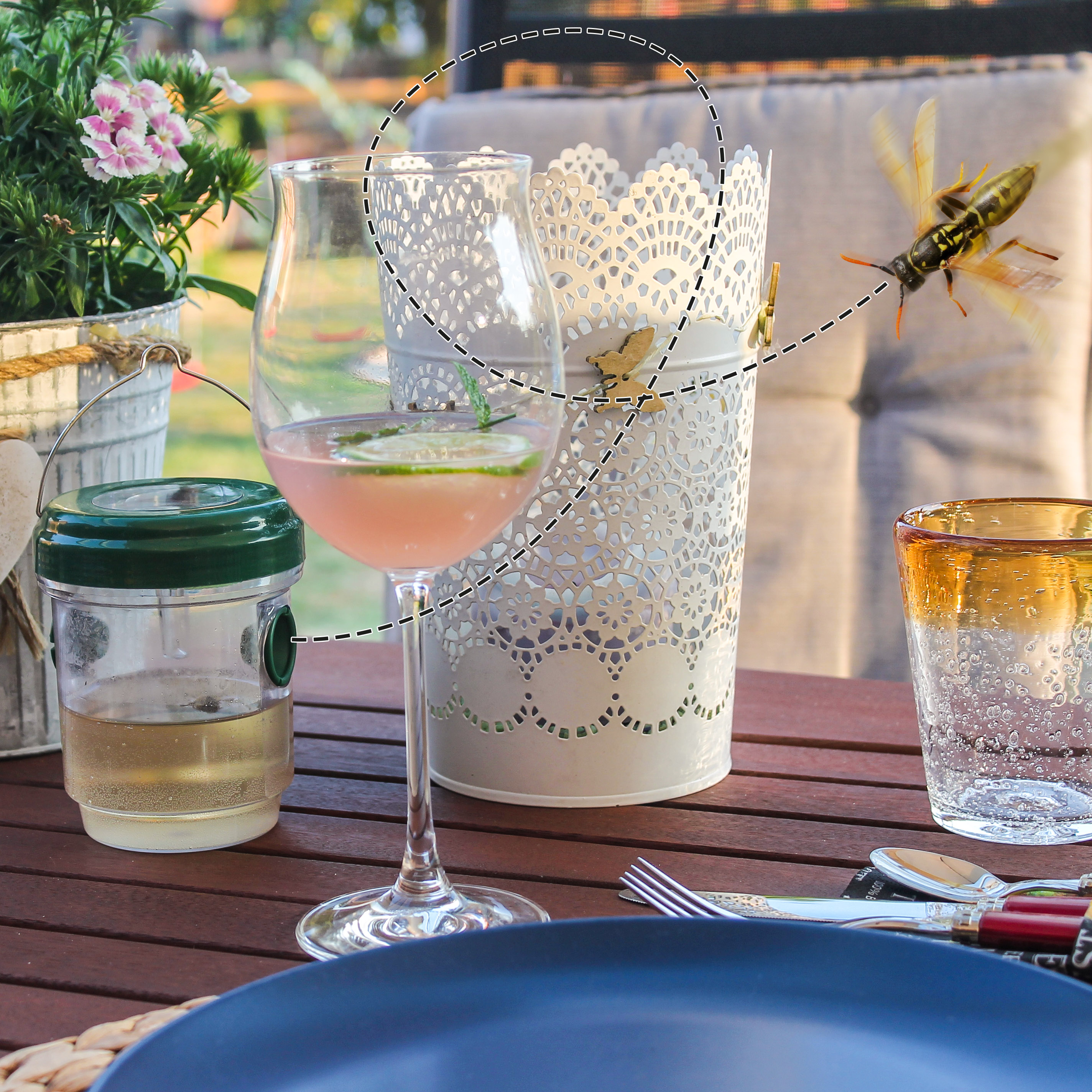 66643-Solar-Insektenfalle-Wespenschutz-Aussenbereich Um die lästigen Wespen von unseren Speisen fernzuhalten können Sie eine unserer Fallen mit einem Lockstoff etwas entfernt aushängen.