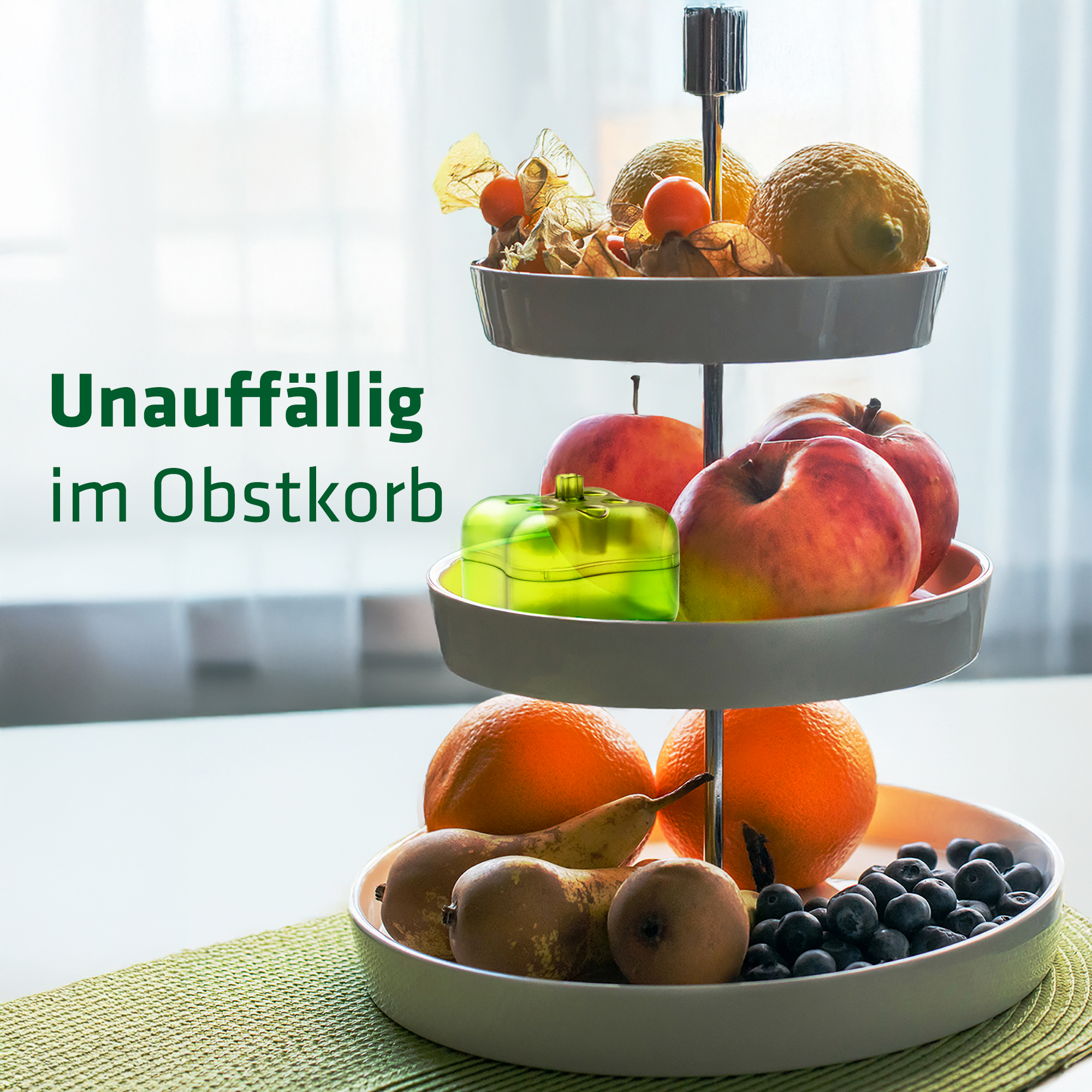 Die Fruchtfliegenfalle fällt druch ihr Design im Obstkorb gar nicht auf.