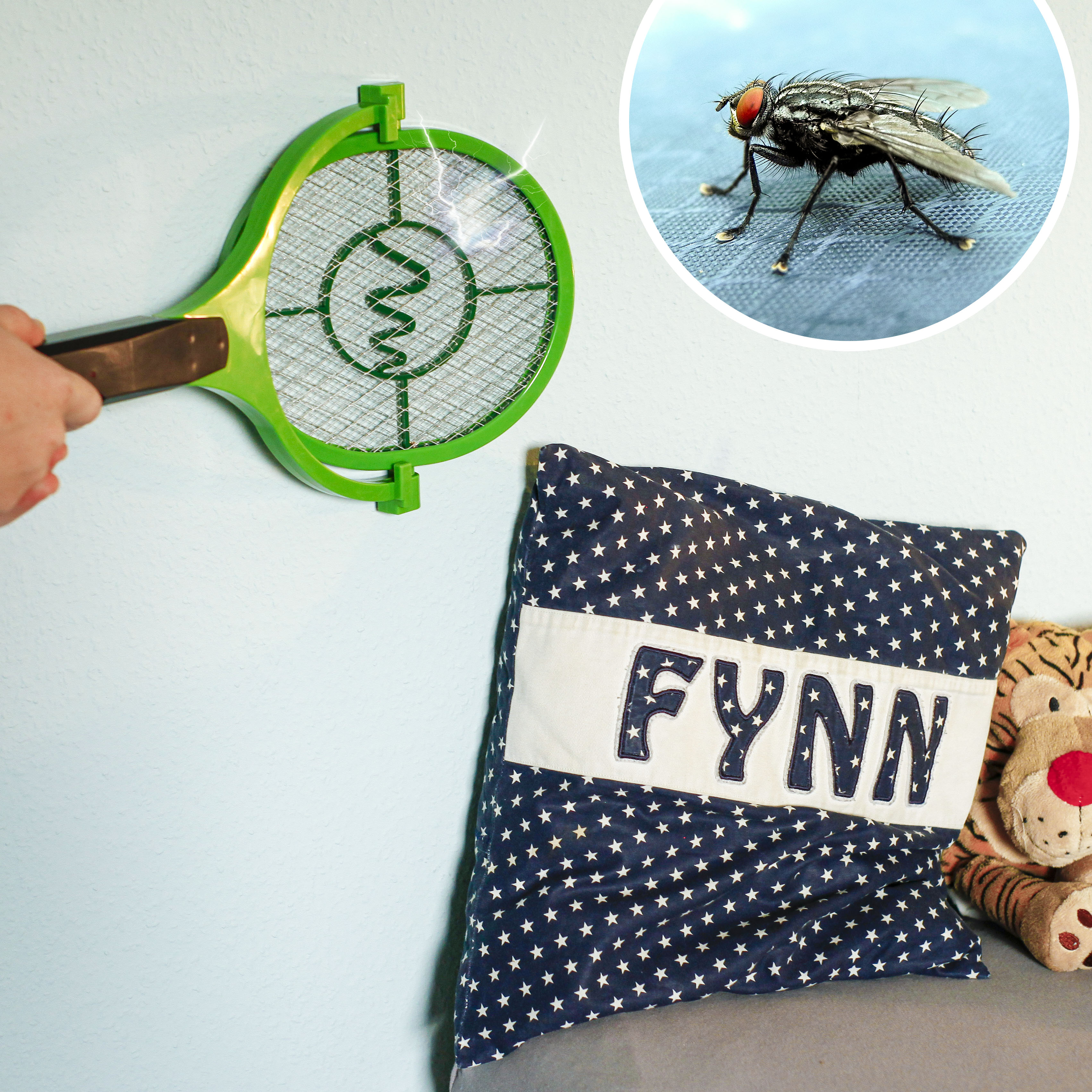 25164-90-Grad-Fliegenklatsche-Bzzz-Fliegen-an-der-Wand Durch die zwei Knöpfe im Griff wird ein versehentliches Auslösen vermieden und schützt Sie und ihre Kinder.