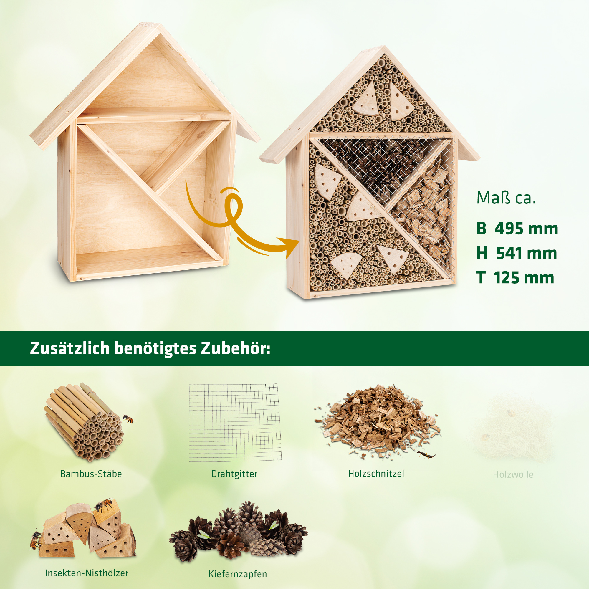 92462-Kreativ-Bausatz-Fichte-Holz-Bambus Unsere Nisthölzer sind Harthölzer aus europäischem Anbau und und bieten Wildbienen einen idealen Unterschlupf.