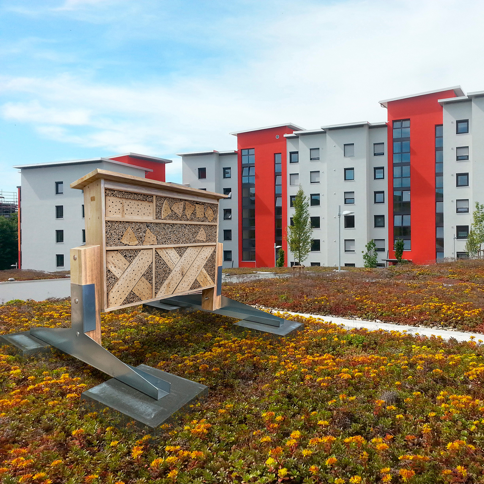 Das Insektenhotel Premium (separat erhältlich) auf dem Flachdach wertet jede Dachbegrünung auf und bietet wertvolle Nistplätze für Wildbienen.