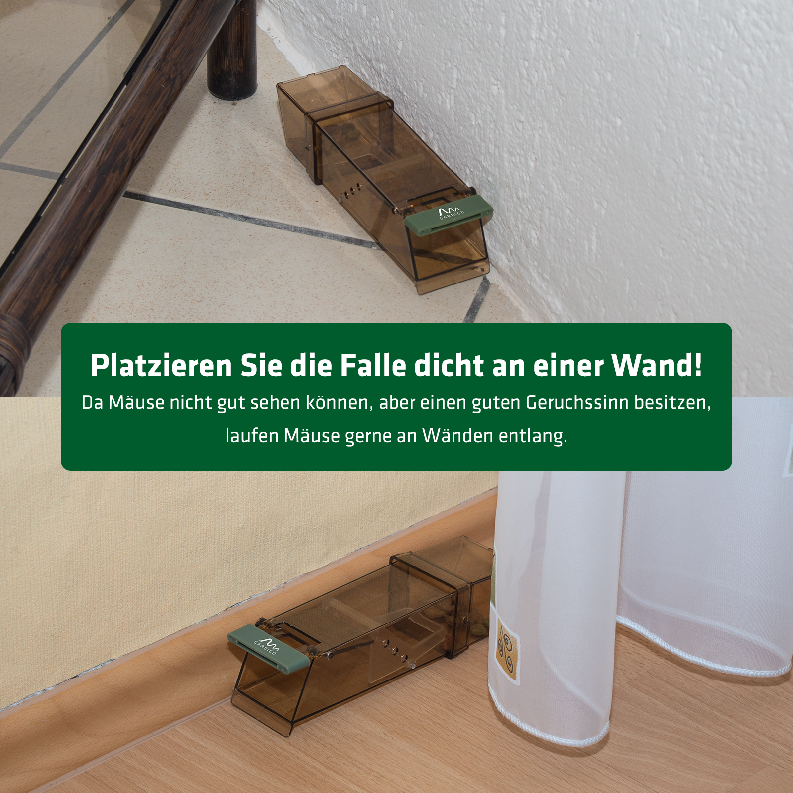 62358-Maus-Lebendfalle-Laufwege-Wandnaehe Die richtige Platzierung der Mausefalle trägt entscheidend zum Fangerfolg bei.