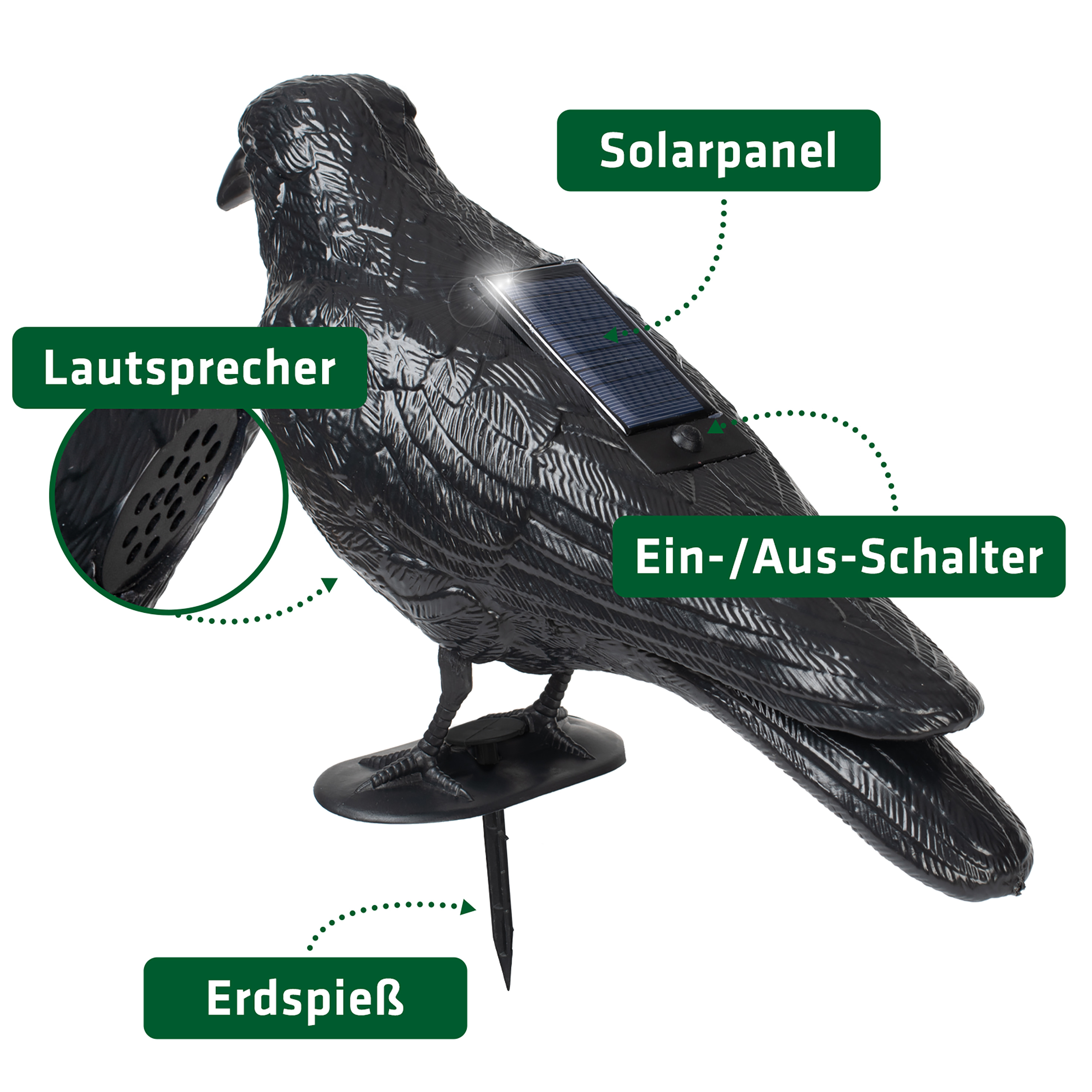 Details-solar-taubenschreck-kraehe-60120 Das große Solarpanel ist auf der Rückseite der Krähenattrappe angebracht.