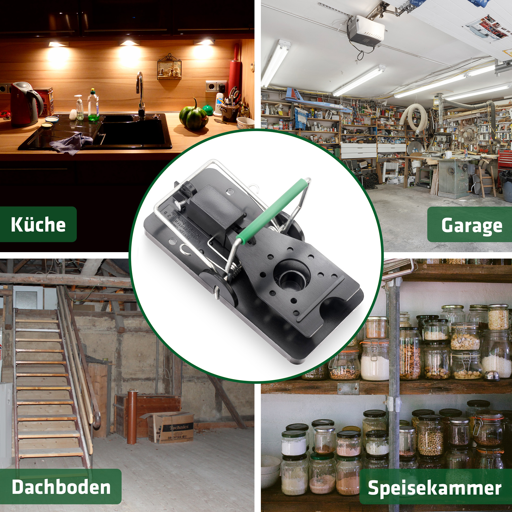 Mausefallen-Anwendungsbereiche Es gibt viele Orte, an denen Mäuse gefangen werden müssen, in der Küche, Garage, Speisekammer, im Keller oder auf dem Dachboden.