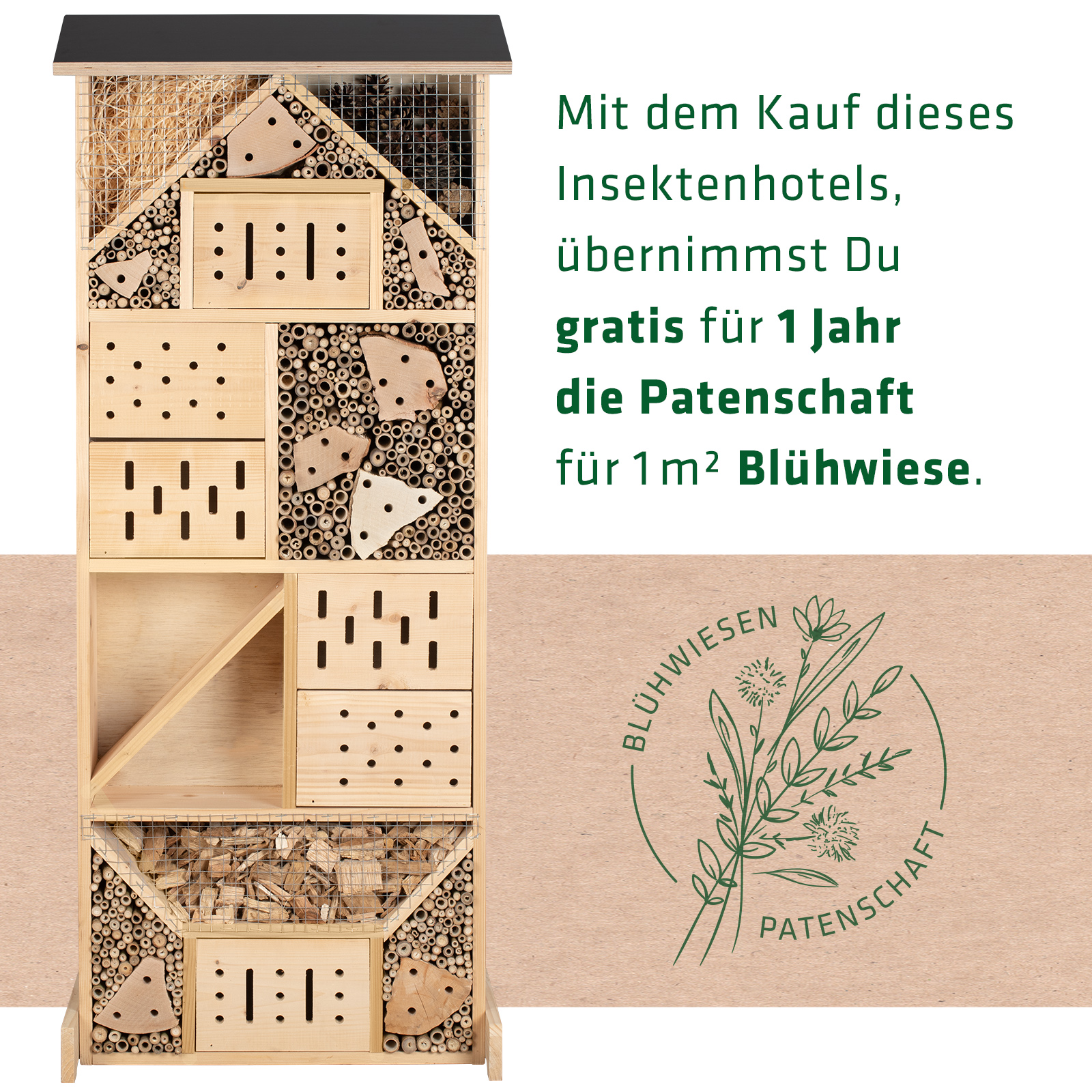 92303-insektenhotel-xxxl-bluehwiese-wildbienen-hotel Zusätzlich zu dem Insektenhotel übernehmen sie gratis für ein Jahr die Patenschaft für einen Quadratmeter Blühwiese.