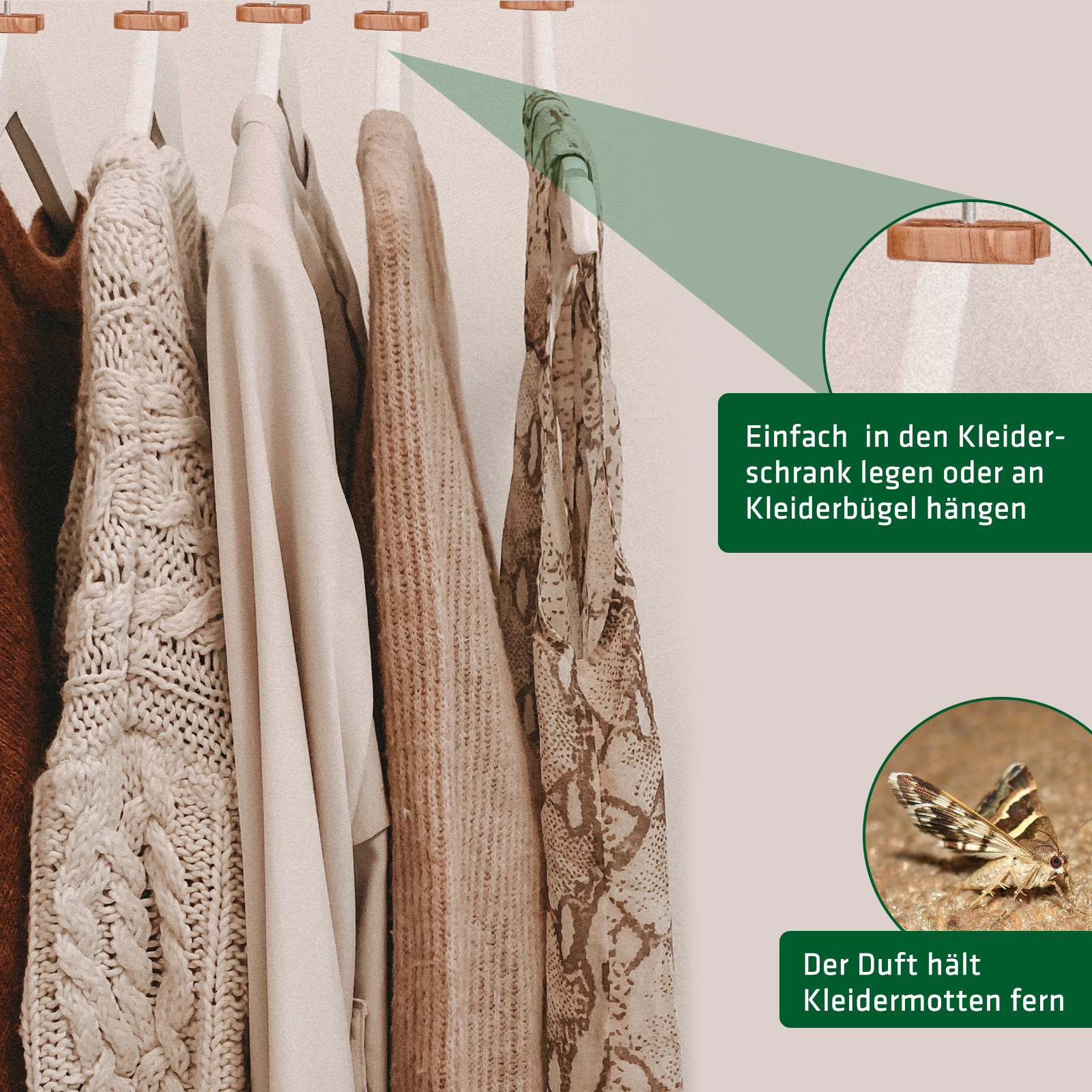 zedernholz-gegen-kleidermotten-6670412 Anwendung von Zedernholz im Kleiderschrank am Kleiderbügel angebracht.