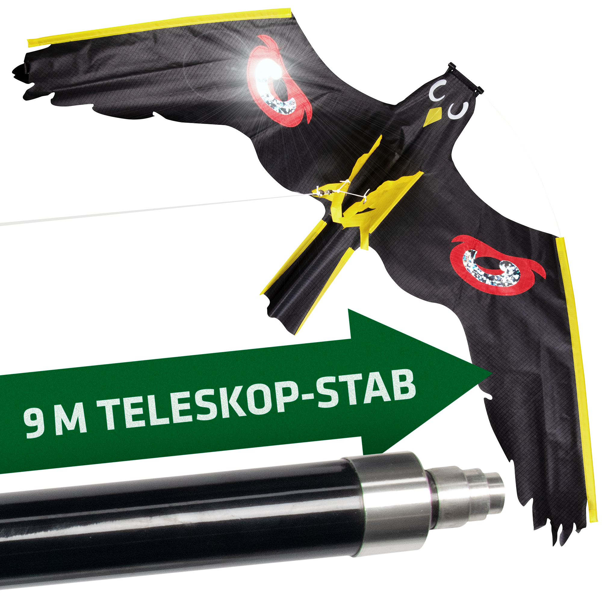 Vogelabwehr-Drachen | Greifvogelattrappe | 9 m Teleskopstab | fliegende Vogelscheuche Vogelabwehr-Drachen | Greifvogelattrappe | 9 m Teleskopstab | fliegende Vogelscheuche