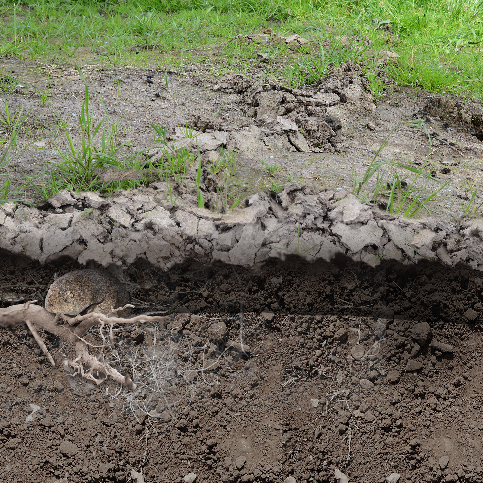 70070-Wuehlmaus-Zangenfalle-wuehlen-graben-Wurzeln Die Tunnel der Mäuse sind meistens klar an der Oberfläche zu erkennen und können schnell zur Stolperfalle werden.