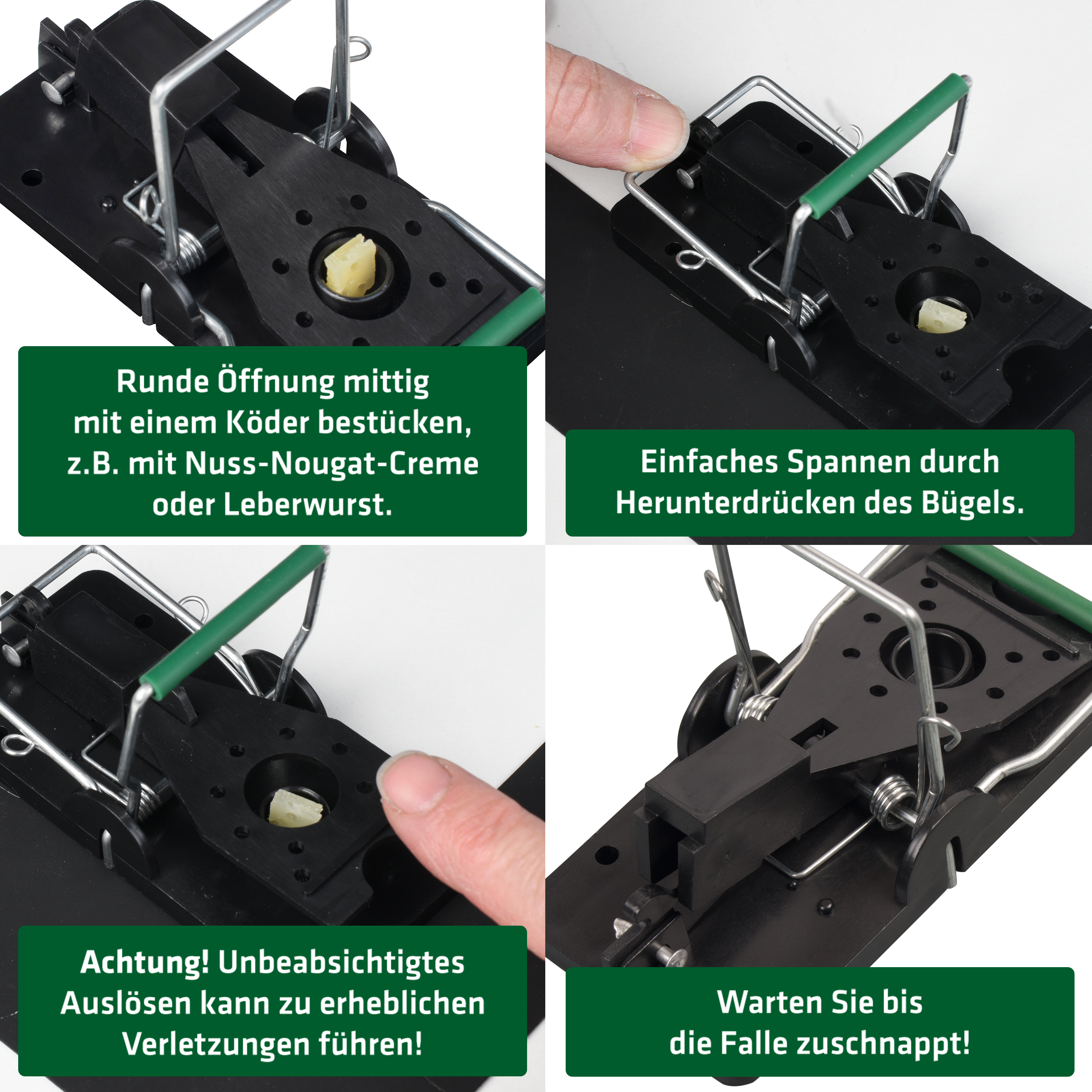 Kunststoff-Mausefallen-Koeder-Spannen-62324 Die GARDIGO Mausefallen sind besonders einfach zu beködern und zu spannen.
