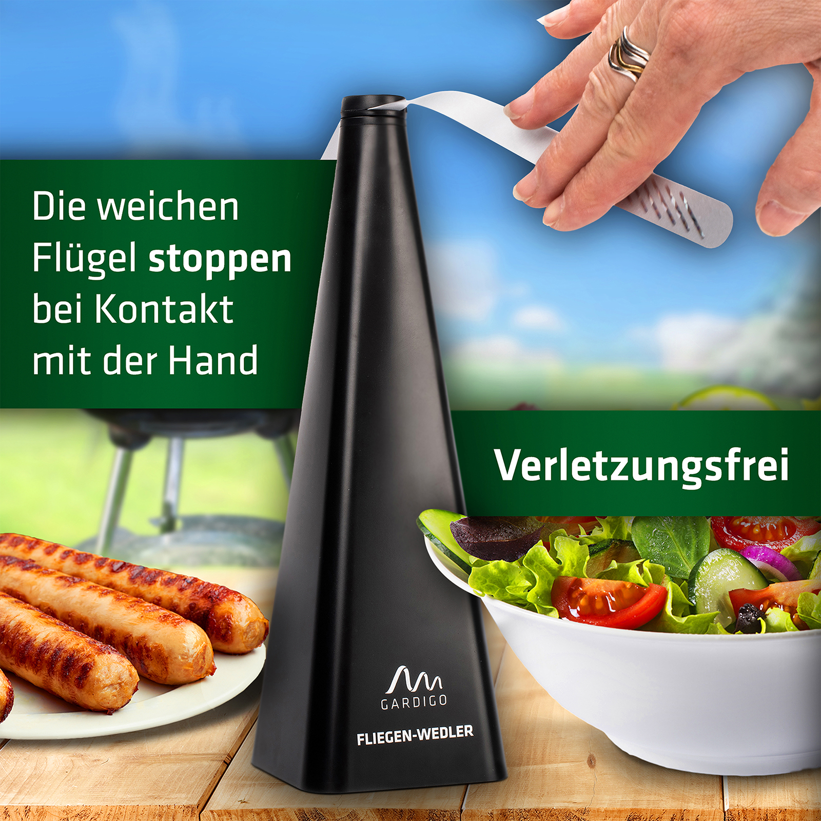 Fliegenwedler-weiche-fluegel-25190 Die elektronische Fliegenscheuche hat weiche Flügel, um Verletzungen vorzubeugen.
