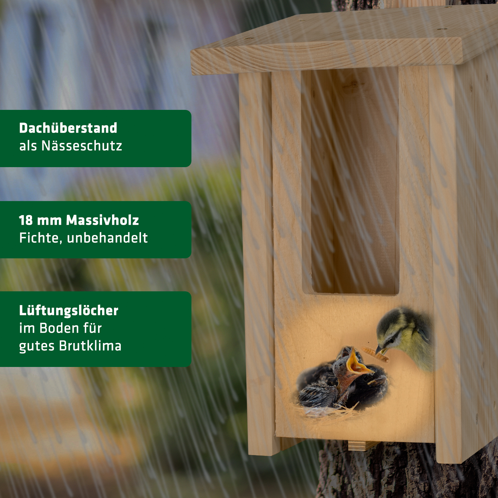 92206-nistkasten-halbhoehle-Naesseschutz-Brutklima Durch den Dachüberstand wird das Nest vor Nässe geschützt und durch die Lüftungslöcher wird ein gutes Brutklima geschaffen.