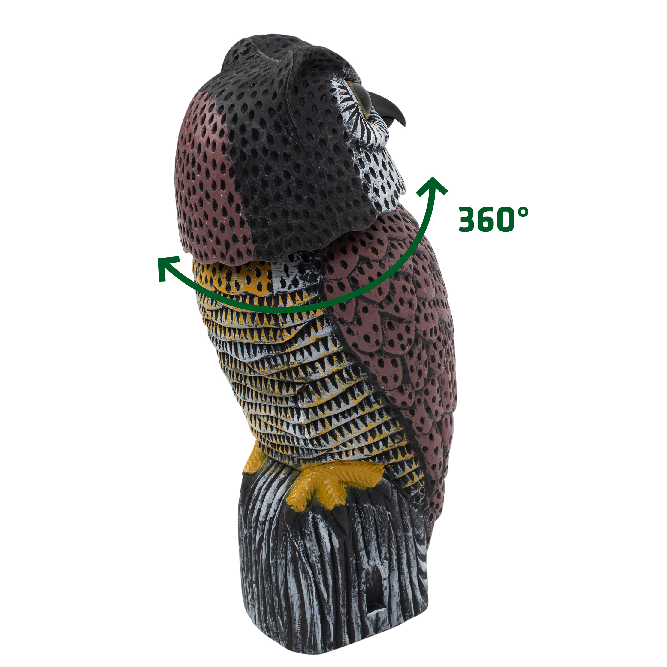 eulen-attrappe-dreh-kopf-60102 Der Kopf der Eulen-Attrappe kann sich um 360° drehen und bewegt sich im Wind ganz natürlich.