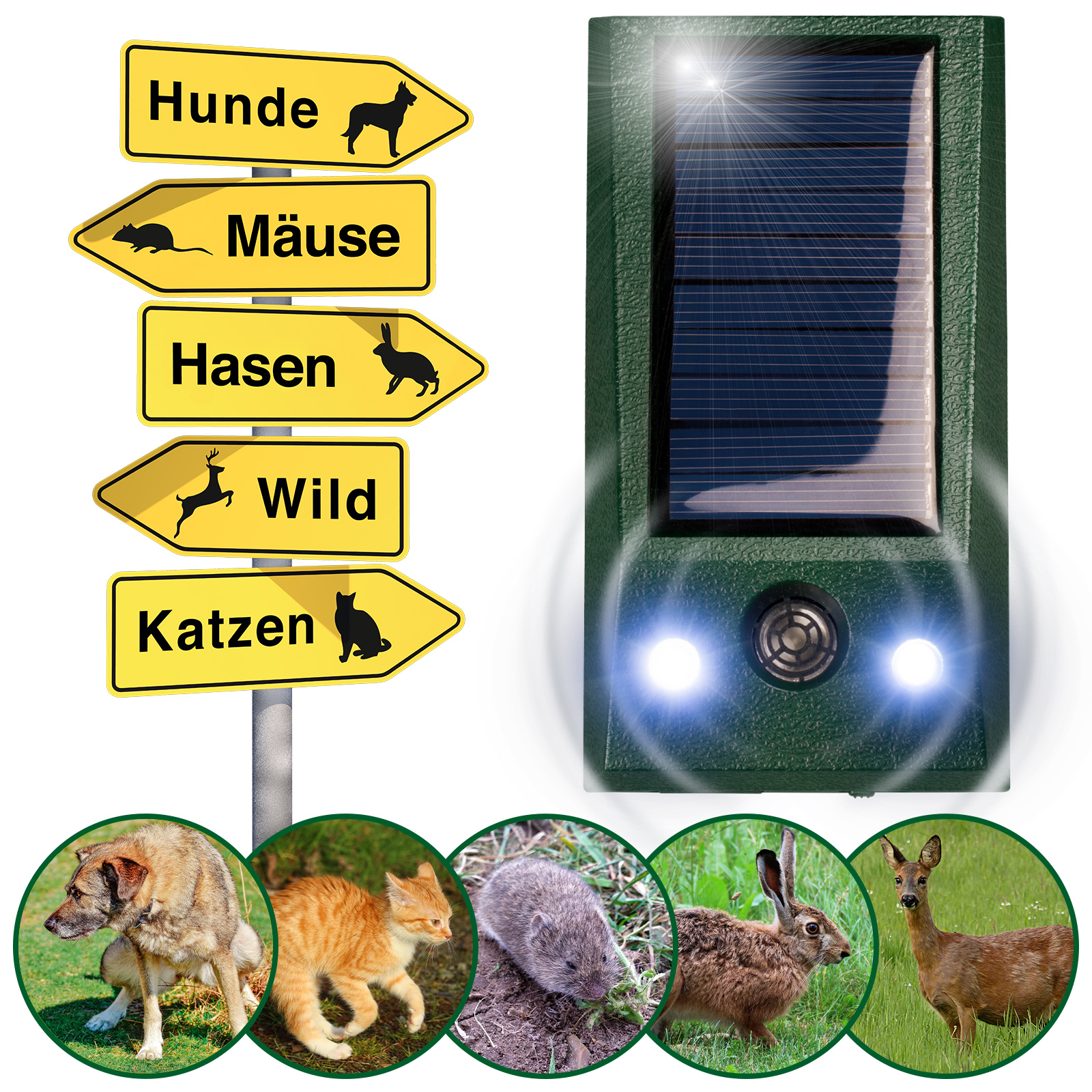 60068-Solar-Tierabwehr-Basic-gegen-Tiere-Tierschreck Fremde Hunde und Katzen aber auch Nager und Wildtiere werden durch die ultra hohen Töne gestört.