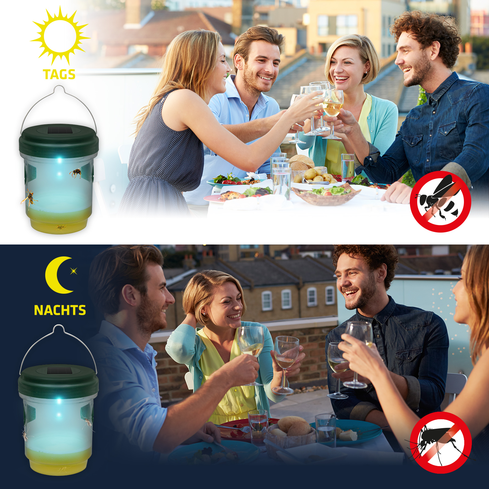 insektenfalle-tag-nacht-66643 Die Solar Insektenfalle lässt sich je nach Tageszeit gegen Mücken oder Wespen einsetzen.