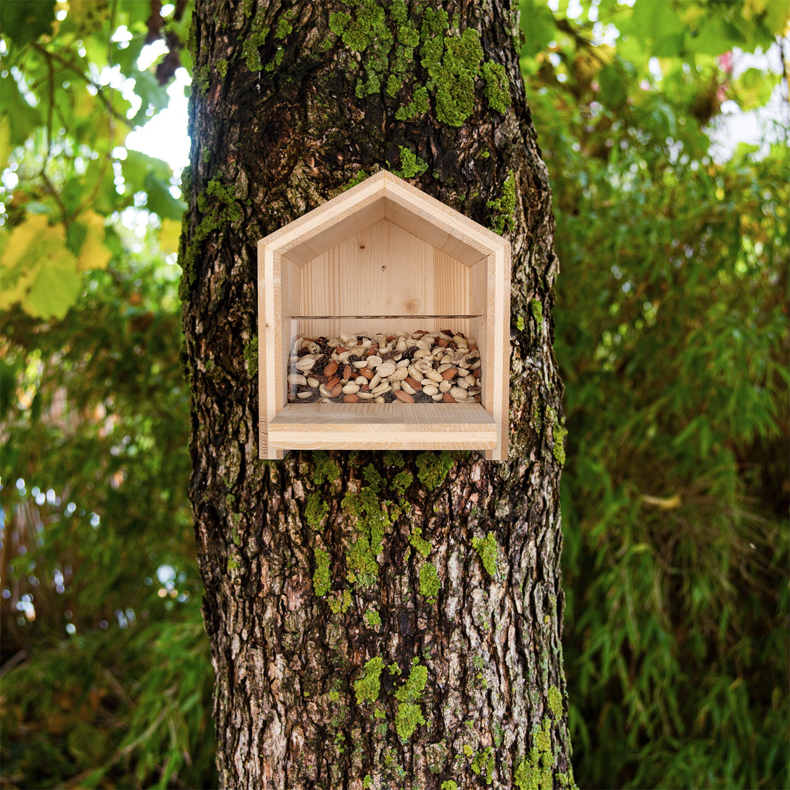 92140-frontblende-eichhoernchen-futterhilfe-Futterhaus Durch die transparente Acryl-Scheibe können die Tiere das Futter schon von weitem erkennen.