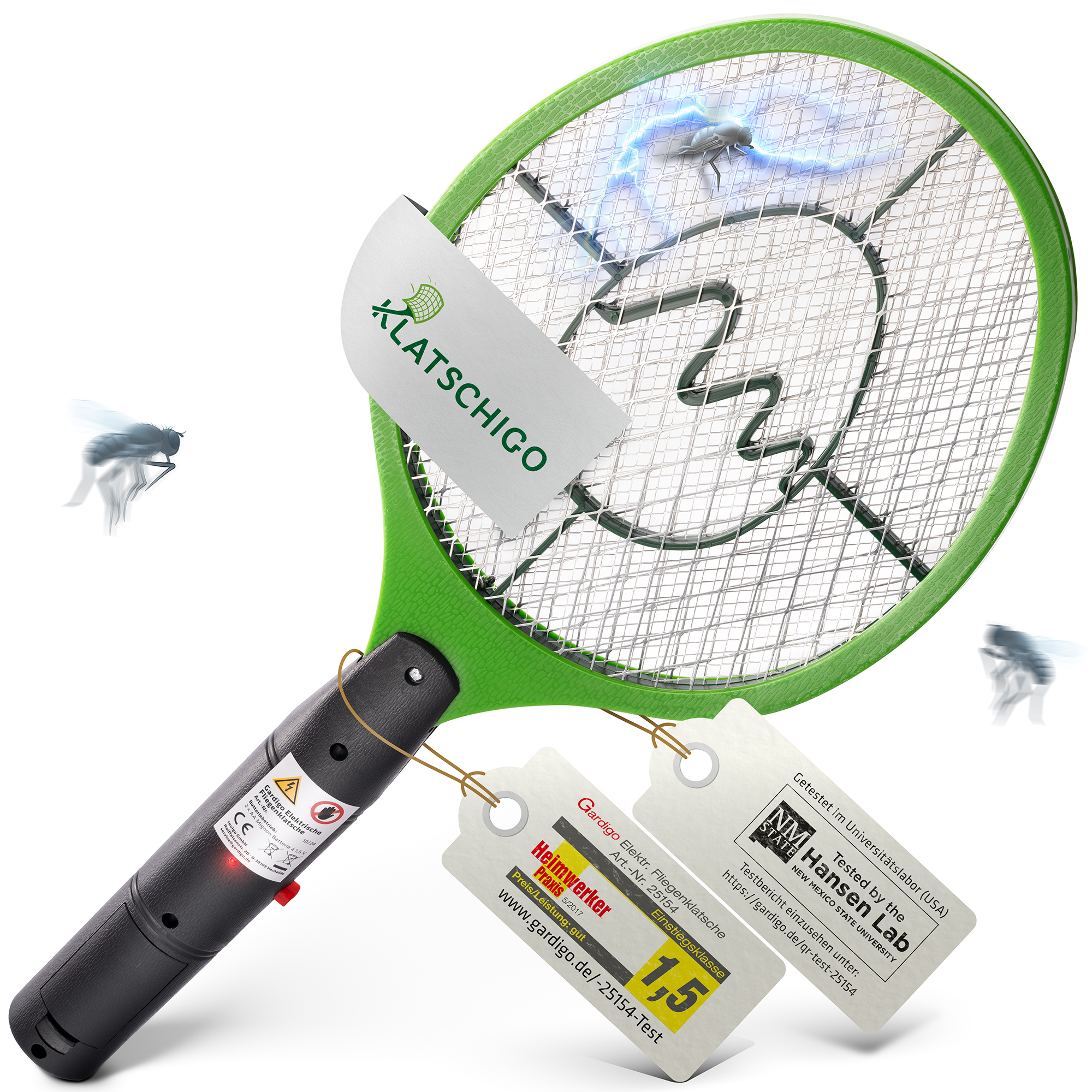 Elektrische Fliegenklatsche Klatschigo Elektrische Fliegenklatsche "Klatschigo" von GARDIGO. Grün mit schwarzem Griff. Rote Status-LED. Getestet von Heimwerker-Praxis und Hansen Lab.