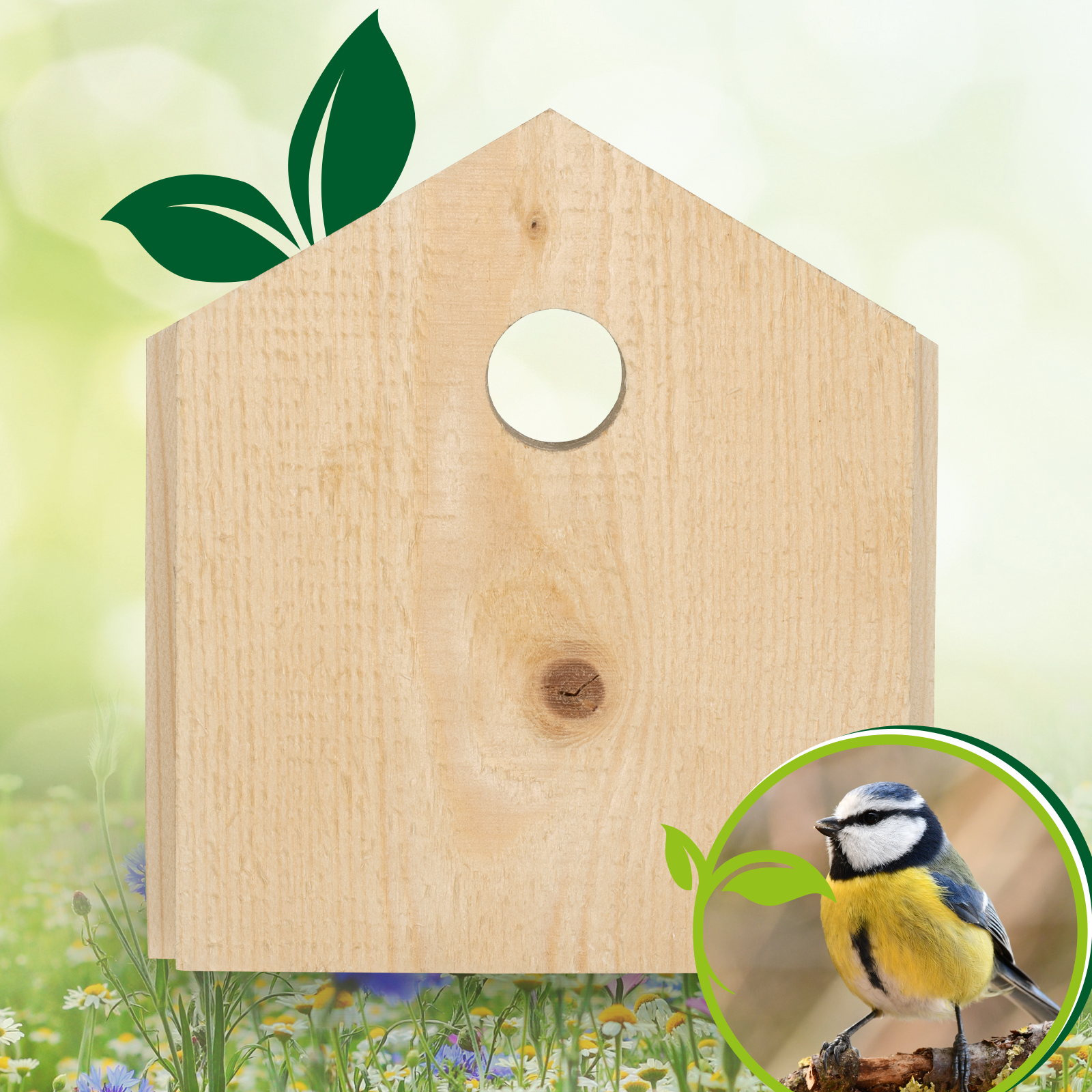 92101-frontblende-meisen-blaumeise-Nisthilfe Das Einflugloch hat die perfekte Größe für kleine Meisen, wie Blaumeisen, die häufig von den größeren Kohlmeisen vertrieben werden.
