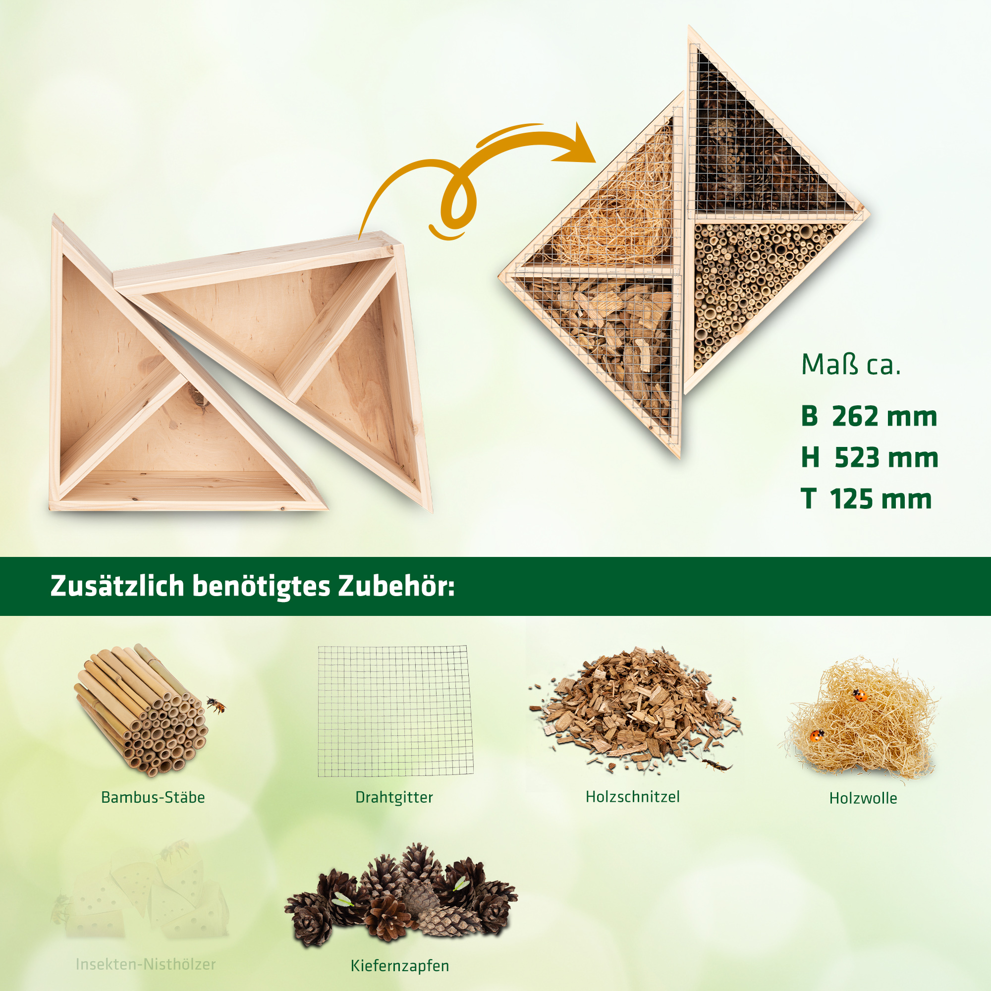 92462-Kreativ-Bausatz-Fichte-individuell-Holzschnitzel Um Nützlingen wie Florfliegen und Ohrenkneifern zu helfen, verwenden Sie Holzwolle in Ihrem Insektenhotel.