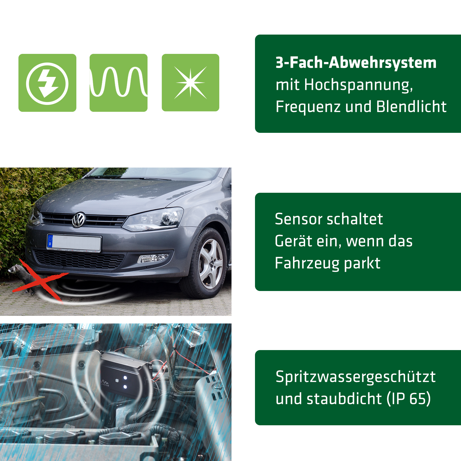 spritzwassergeschuetzter-marderschreck-78520 Der eingebaute Vibrationssenser schaltet das Gerät ab, sobald das Auto fährt.