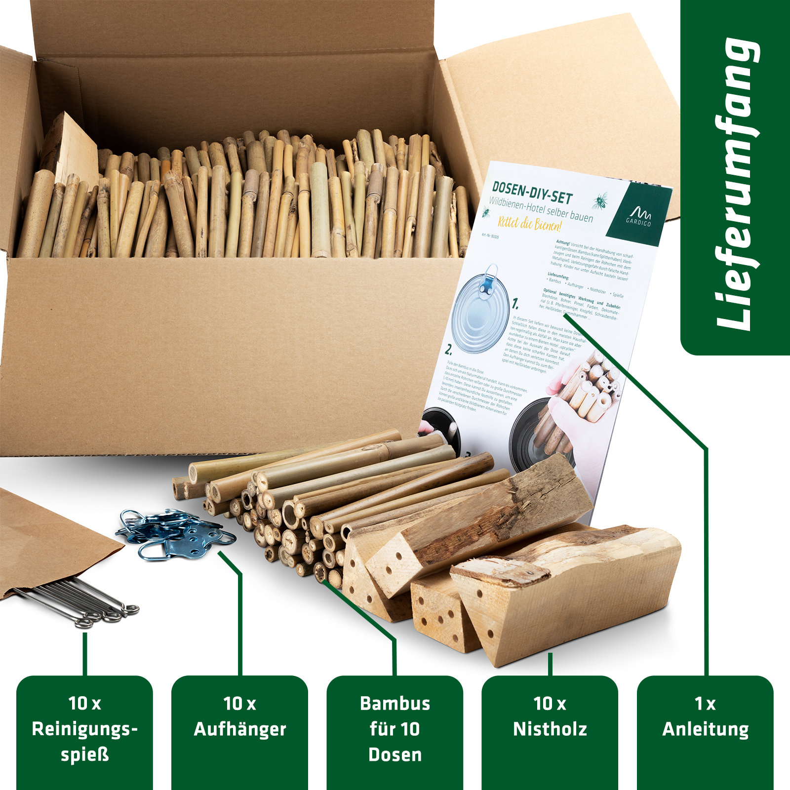 gardosi-bastelset-9232510-Lieferumfang Enthält Bambus, Aufhänger, Edelstahlspieße und Nisthölzer für Wildbienen