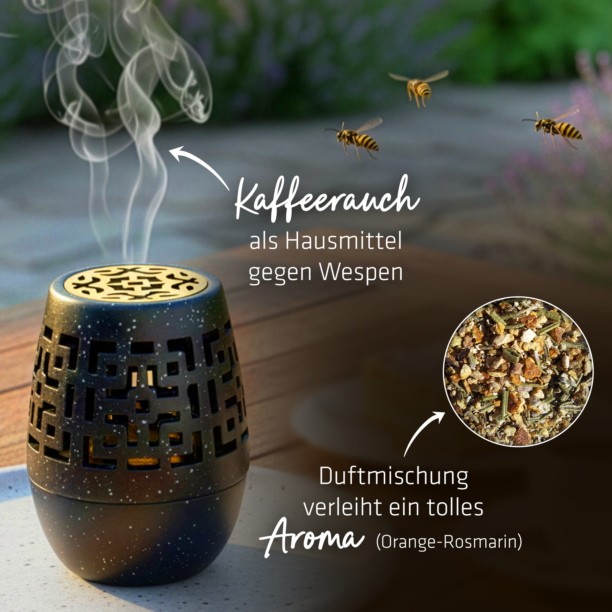 Kaffeerauch als Hausmittel gegen Wespen; Orange-Rosmarin-Duftmischung verleiht ein tolles Aroma