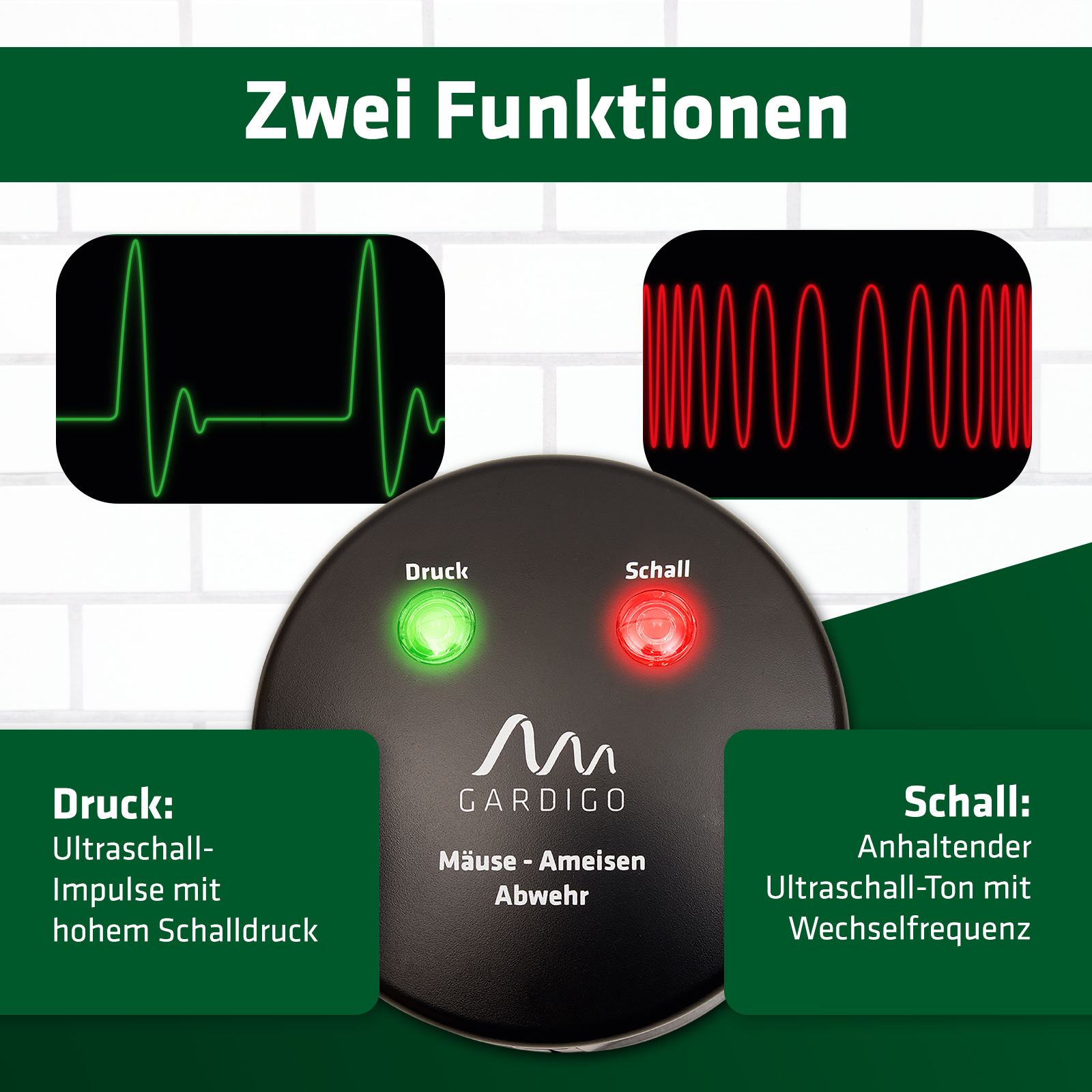 funktionen-maeusevertreiber-62318 Zwei verschiedene Betriebsmodi: Schallimpulse und Ultraschall mit Wechselfrequenz gegen den Gewöhnungseffekt.