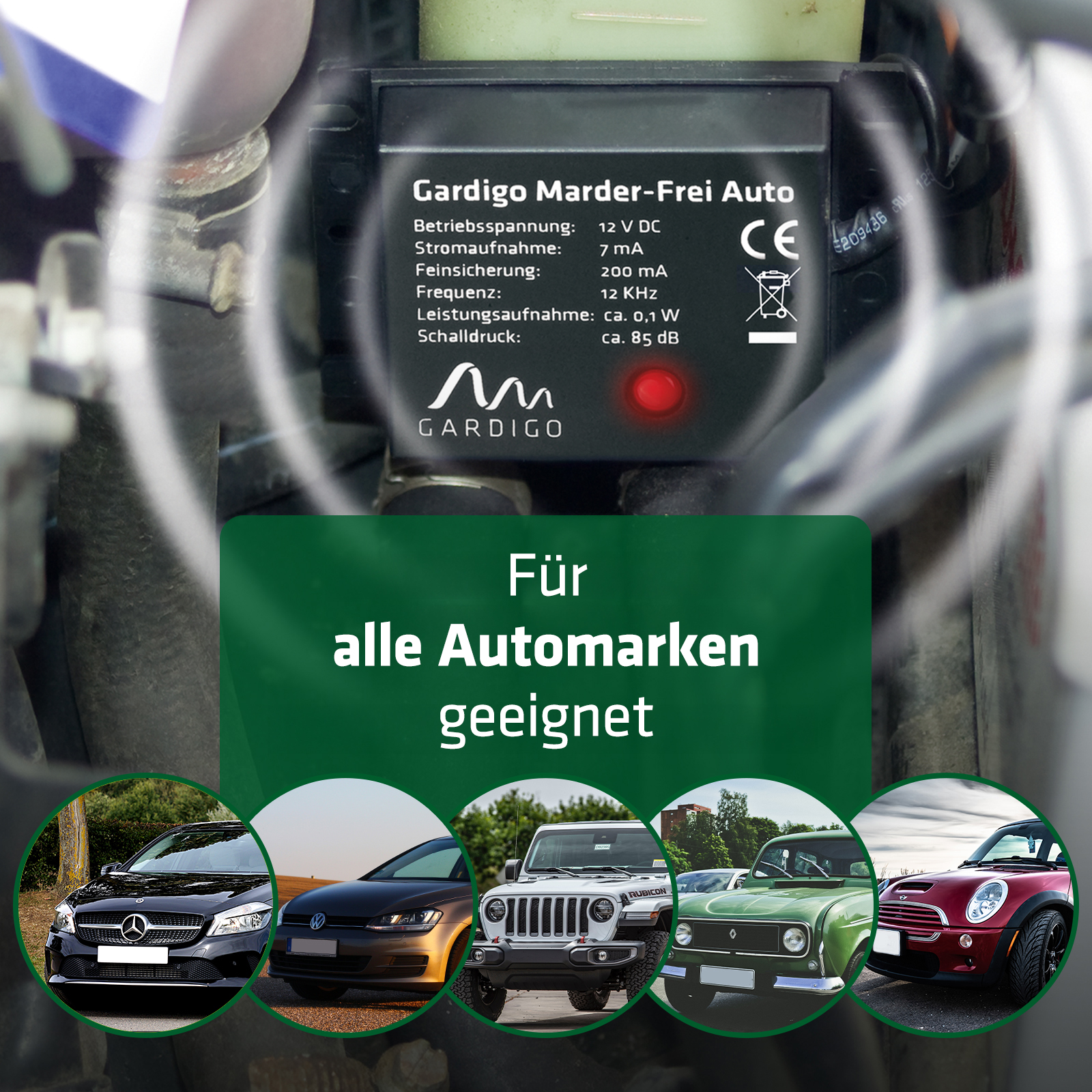 Der Marderschutz von GARDIGO ist für alle Automarken geeignet und verbraucht dank moderner Technik wenig Energie