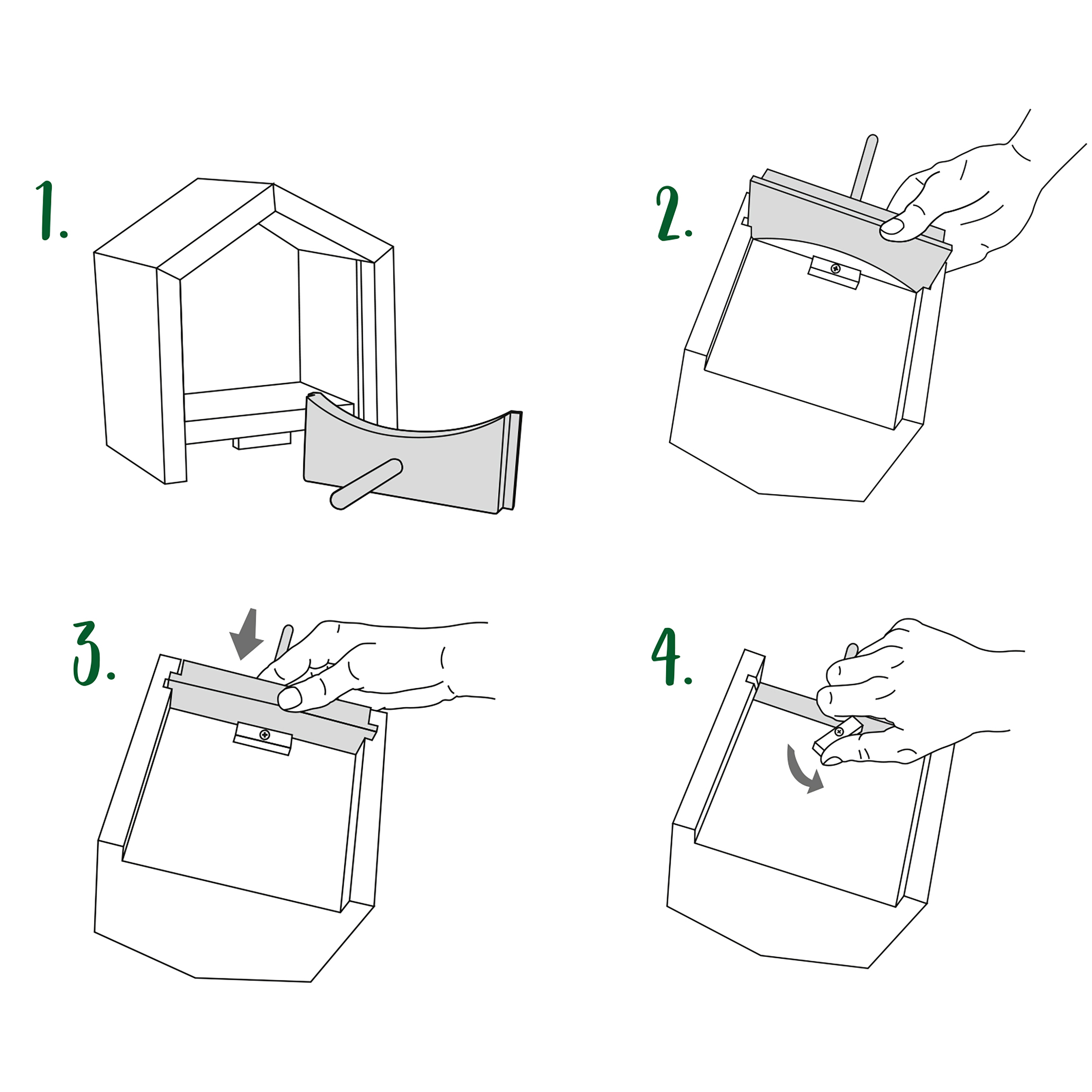 92450-tier-haus-vogel-futterhaus-blendenwechsel Um eine Blende einzusetzen schieben Sie die Blende von unten in die Führung bis ganz an das Ende und drehen den Verschluss. Fertig!