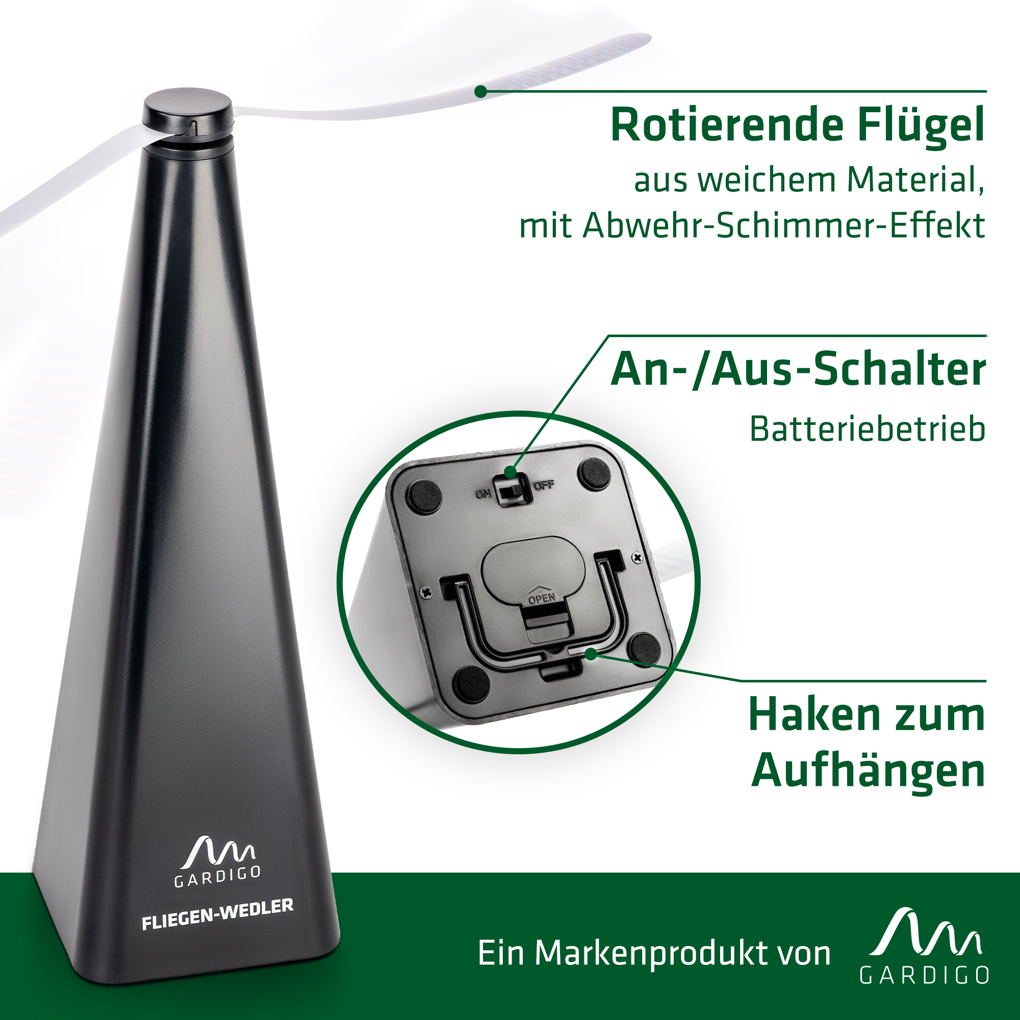 fliegenabwehr-ventilator-lieferumfang-25190 Der GARDIGO Fliegenwedler überzeugt mit vielen durchdachten Details.