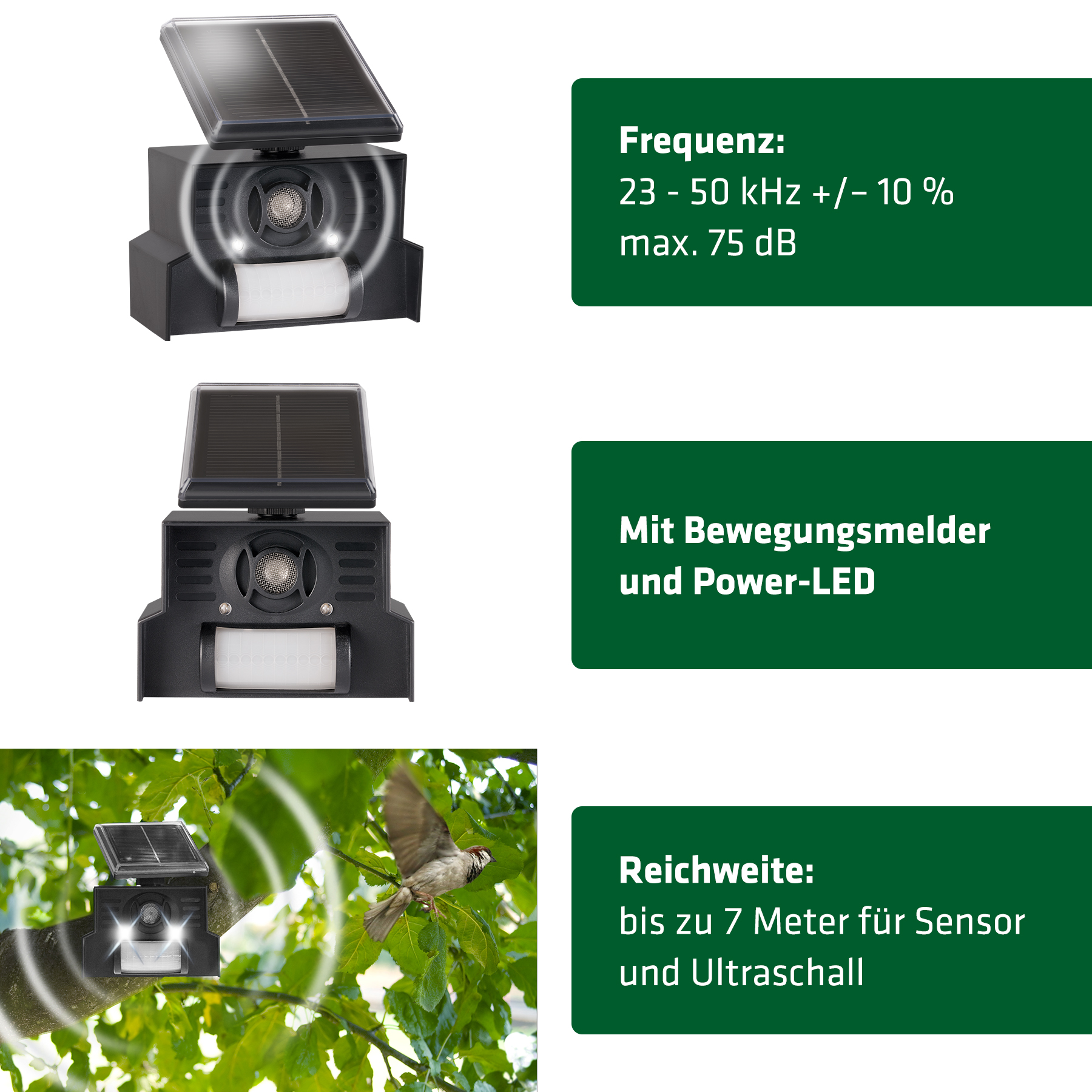 eigenschaften-vogelvertreiber-60090 Der Vogelschreck arbeitet mit Ultraschall und ist für Menschen nicht hörbar. Die Bewegungen der Vögel werden von einem Sensor erfast.