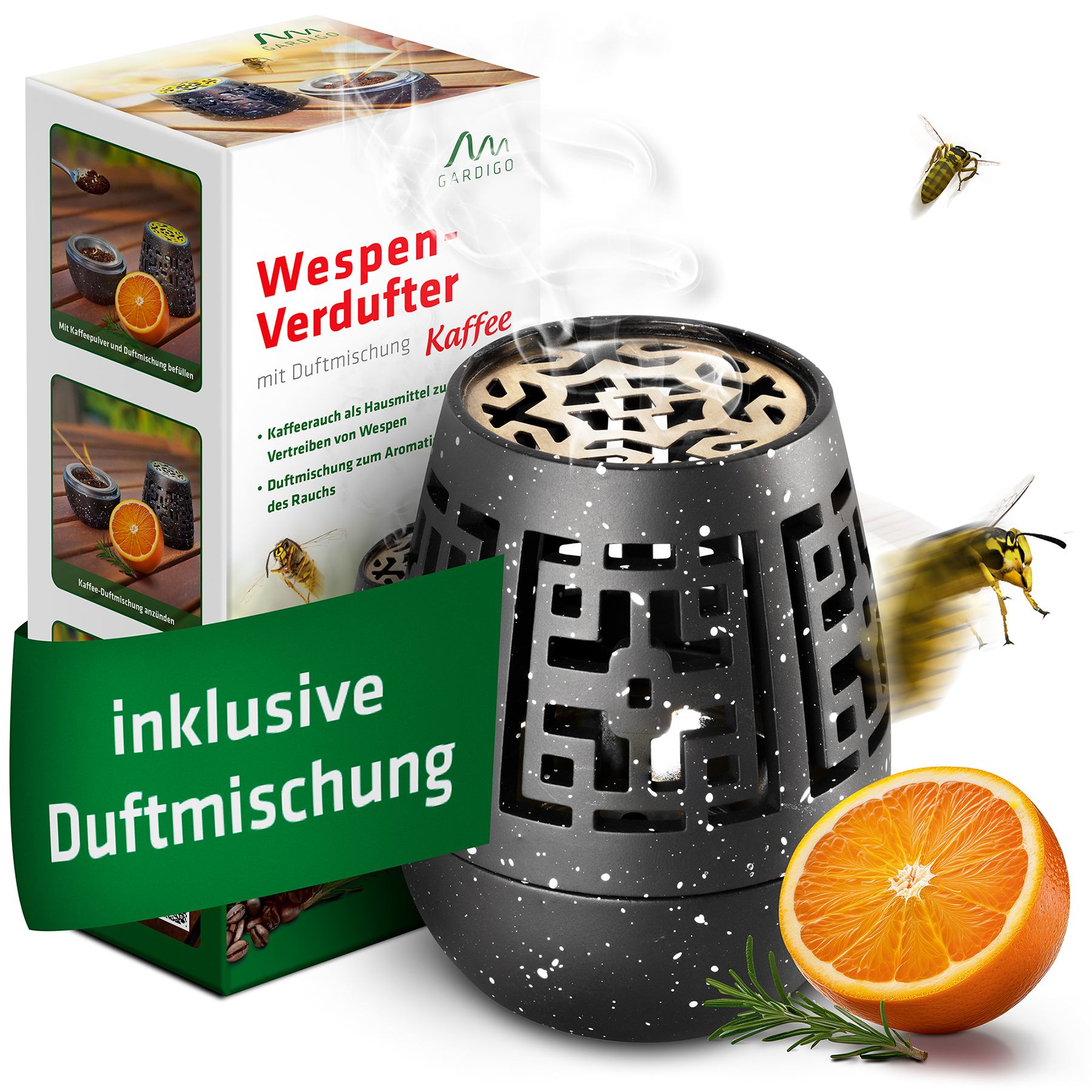 Räuchergefäß für Kaffeerauch als Hausmittel gegen Wespen, inklusive Duftmischung
