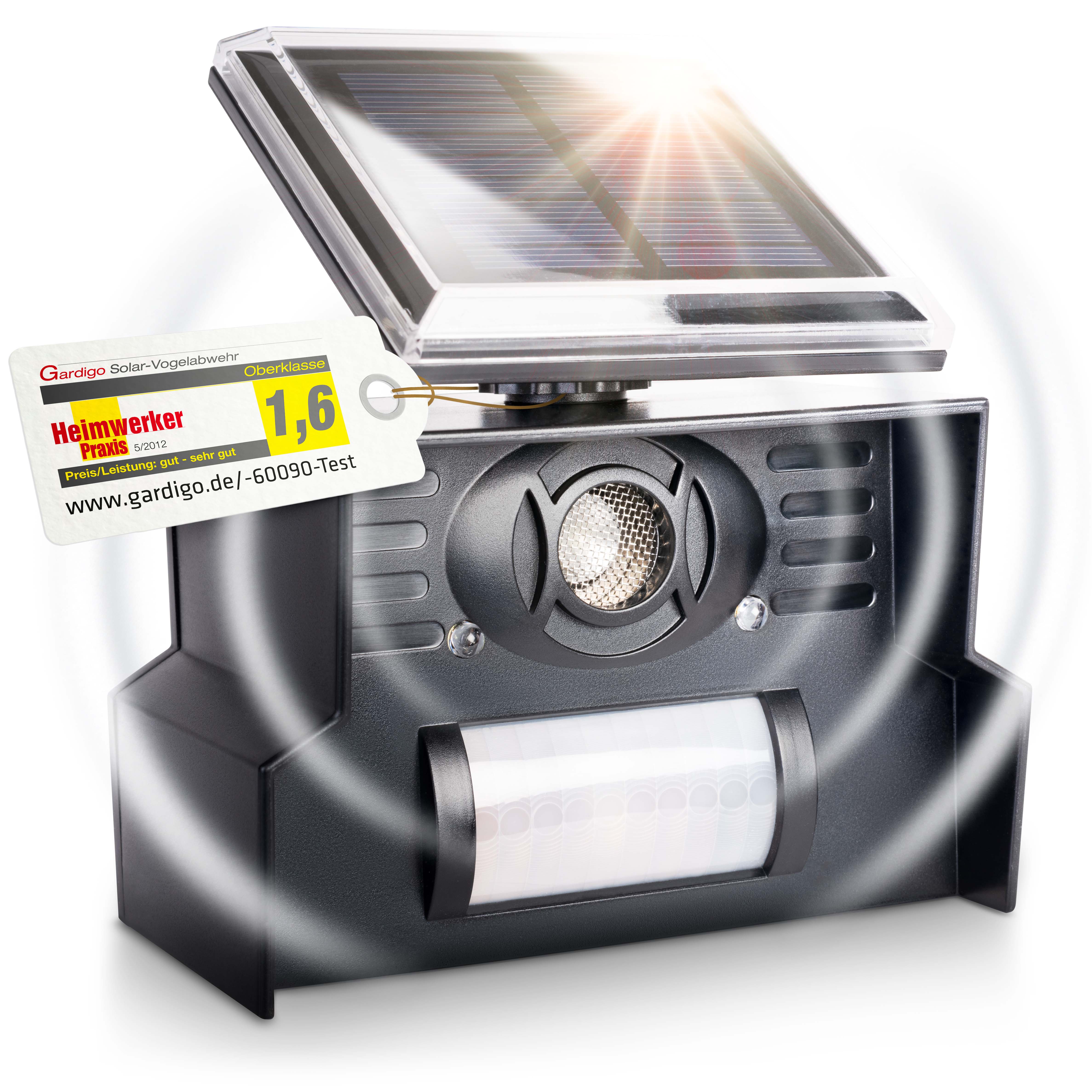 60090-Vogel-Abwehr-Solar-Bewegungsmelder-Sonnenenergie665Qx8D3sjjHJ Vogel-Abwehr Solar – die elektronische Vogelscheuche mit Solarpanel, Ultraschall, Blitzlicht und Bewegungsmelder von Gardigo