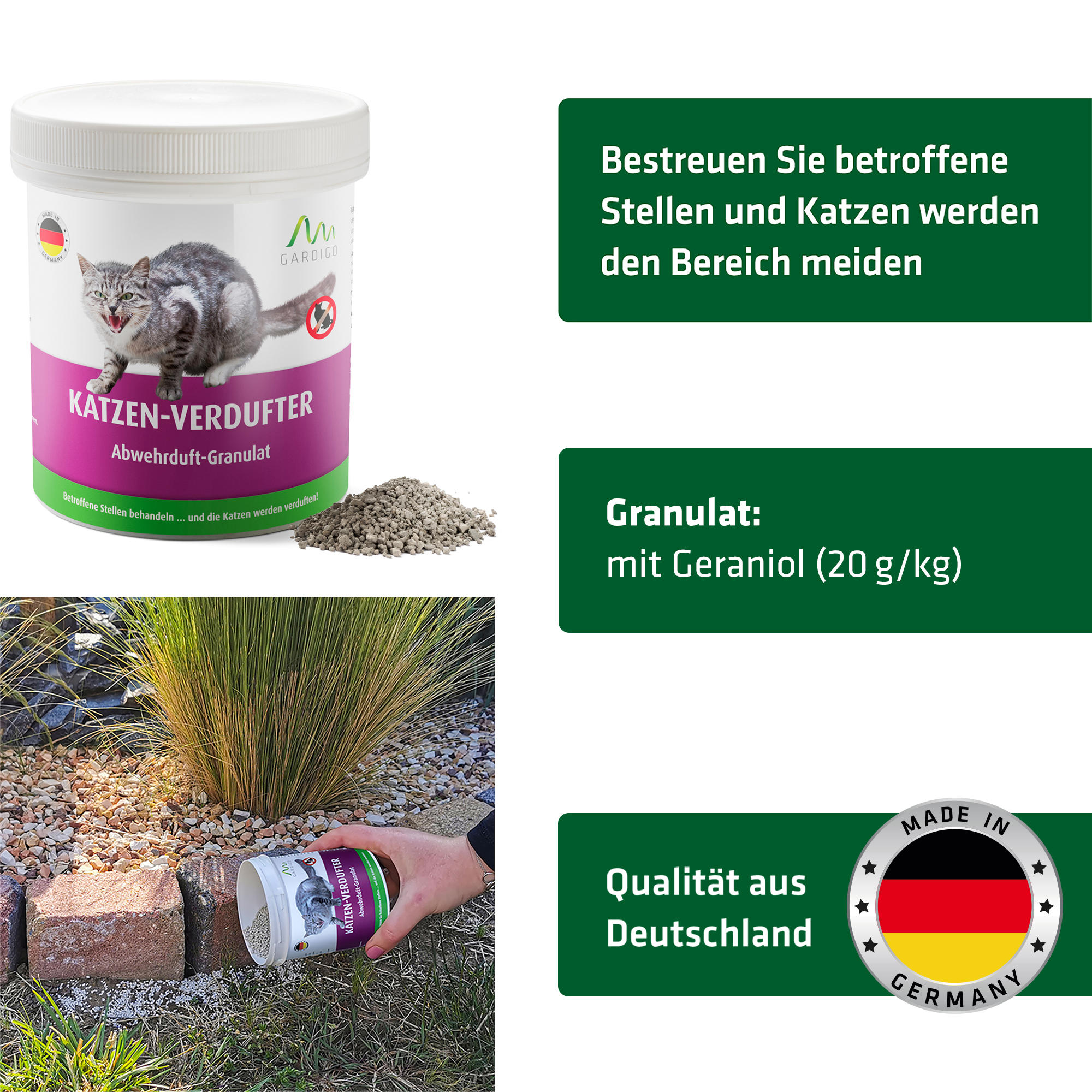 granulat-gegen-katzen-geraniol-25102 Das Granulat gegen Katzen enthält Geraniol.