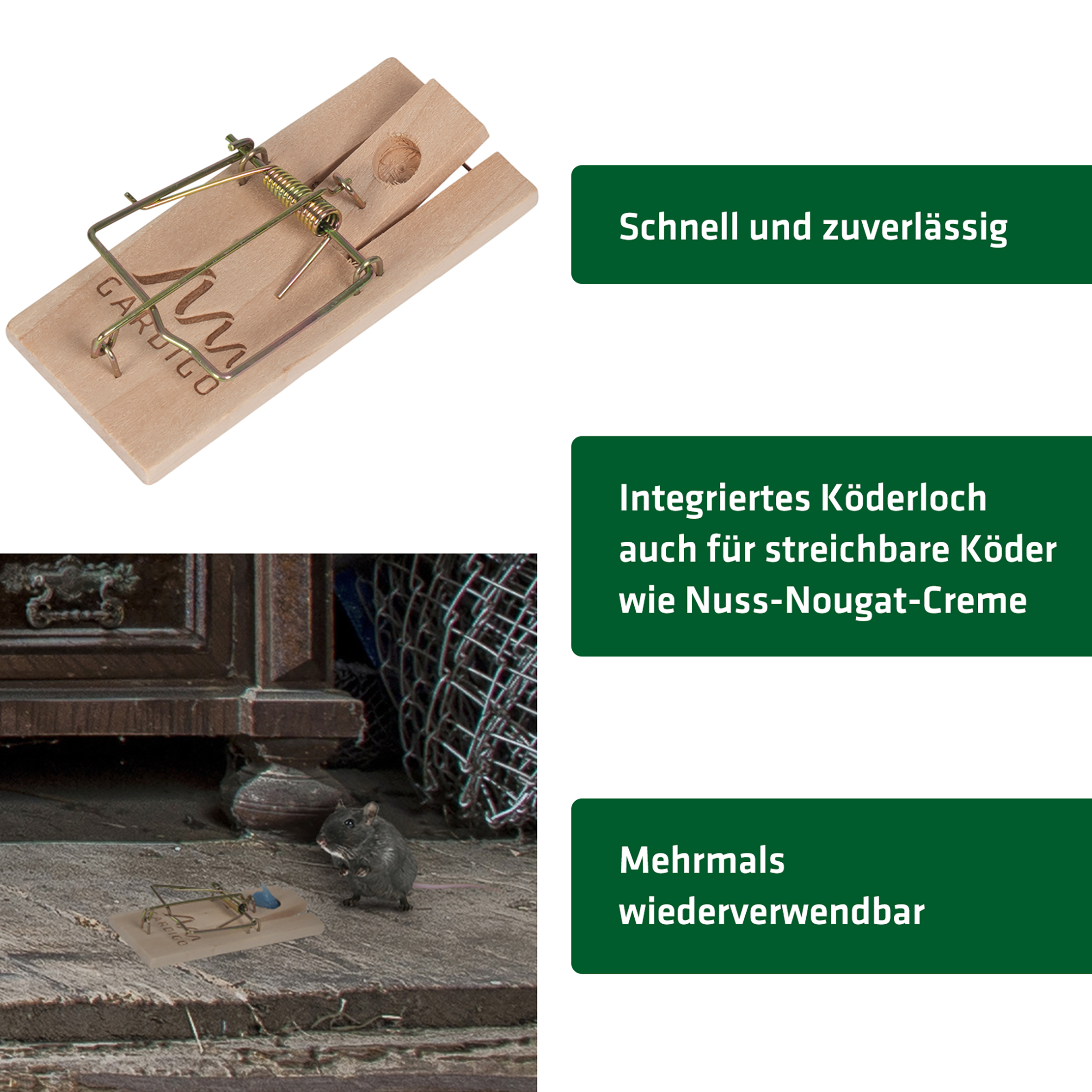 mausefalle-holz-623222_keyfacts Die Features unserer Schlagmausefalle aus Holz im Überblick.