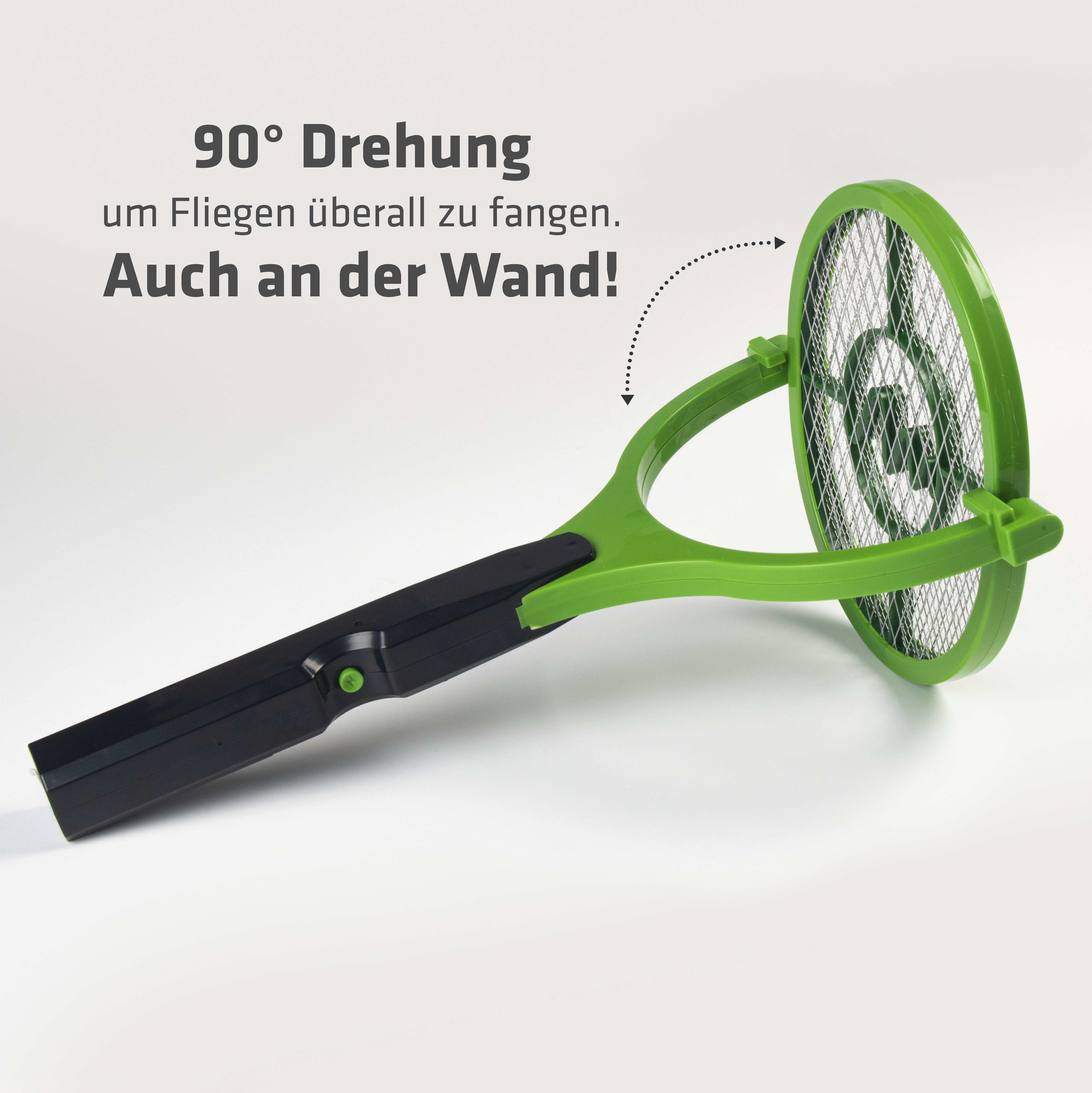 25164-90-Grad-Fliegenklatsche-Bzzz-Fliegenproblem-Fliegen-in-der-Wohnung Unsere Fliegenklatsche hat einen schwenkbaren Kopf, durch den sich die Gitterfläche um bis zu 90° vom Handgriff wegdrehen lässt.