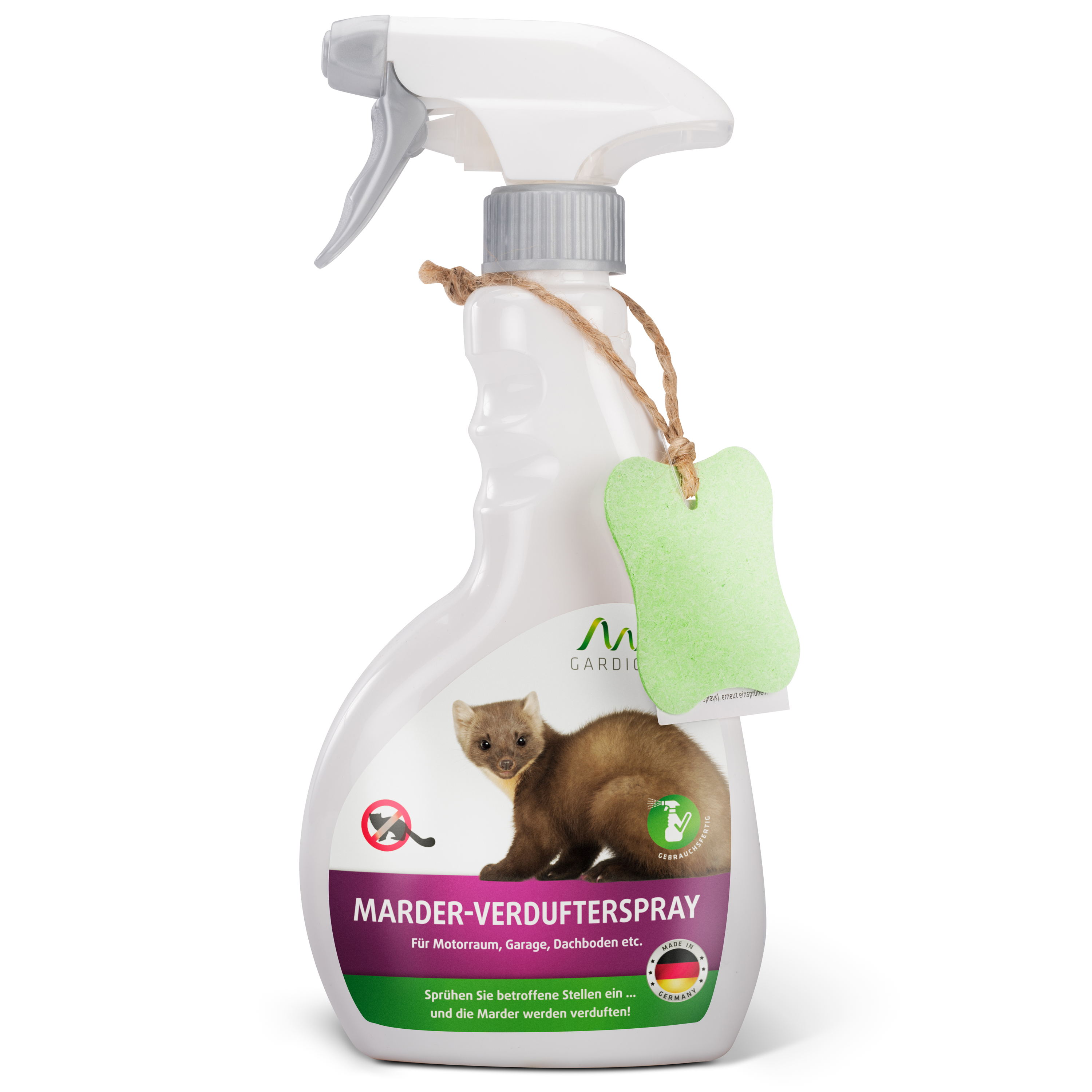Das Marderabwehr-Spray von GARDIGO – inklusive Schwämmchen zum Einsprühen und Aufhängen.