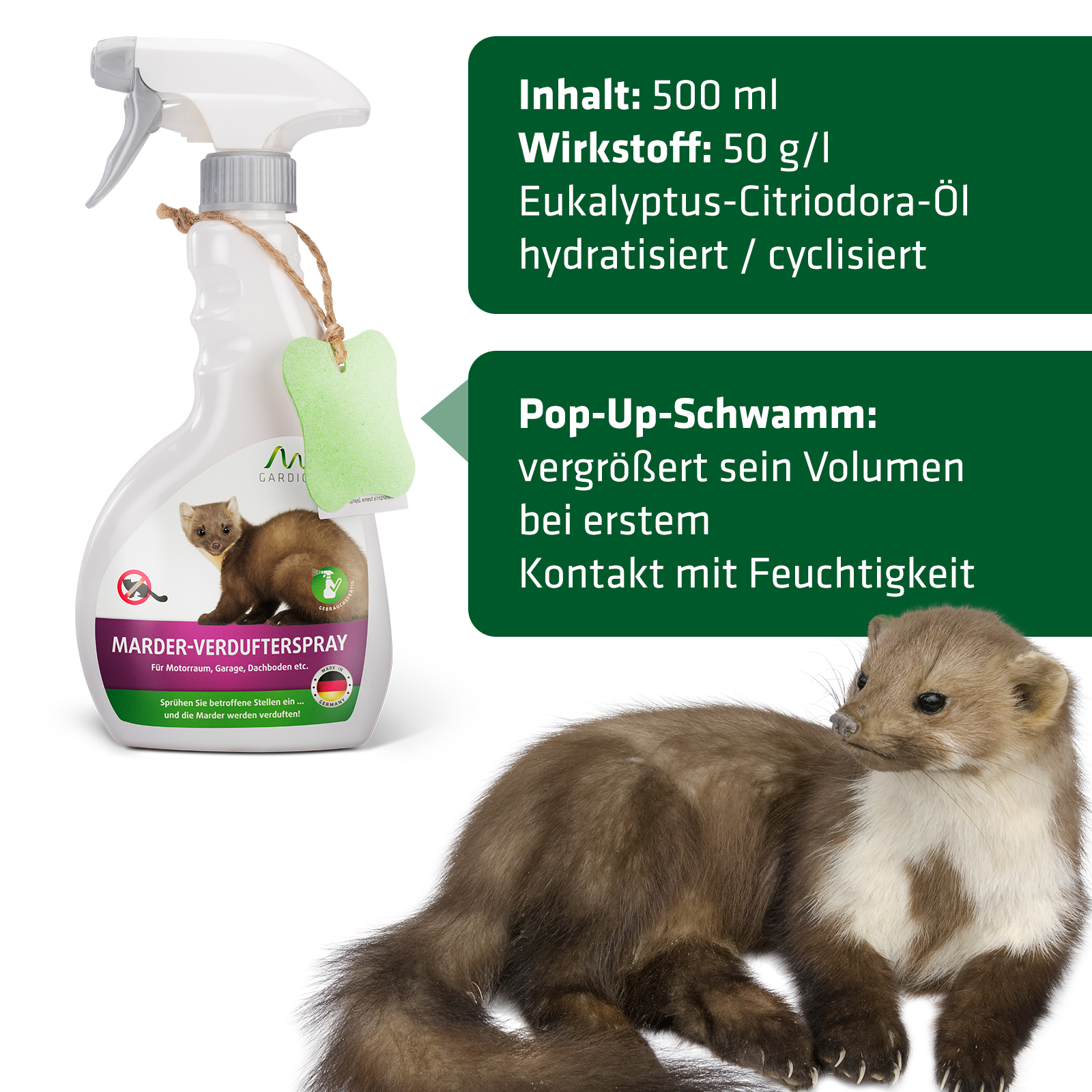 Das Gardigo Anti-Marder-Spray mit Eukalyptus Citriodora und Pop-Up-Schwamm. Jetzt kaufen!