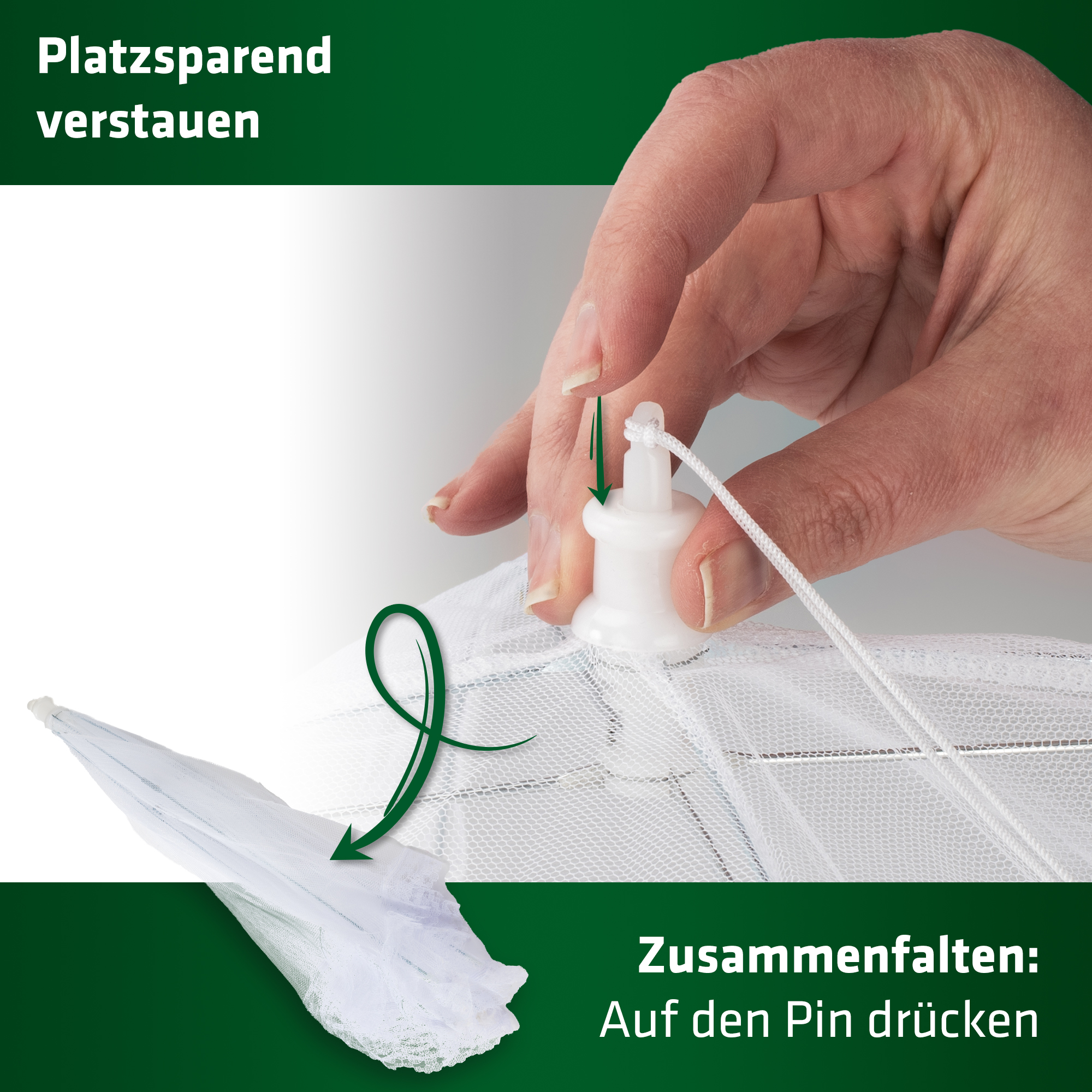 Fliegenabwehr-zusammenfalten-25400 Zum Zusammenfalten der Fliegen-Haube wird auf den Pin gedrückt.
