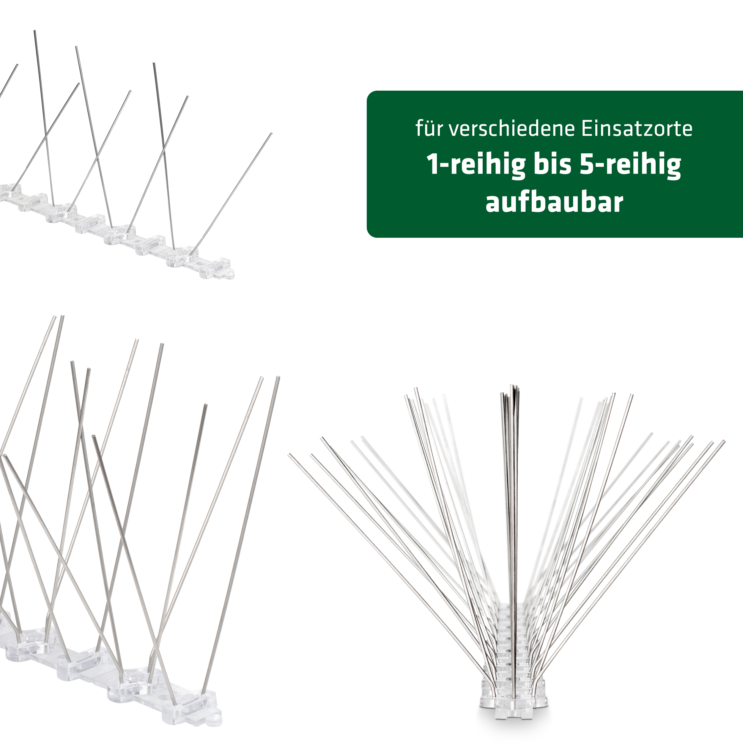 Bis zu 5 Reihen Taubenspikes: Sie können frei entscheiden, wie viele Spikes Sie einsetzen und in welcher Formation. 