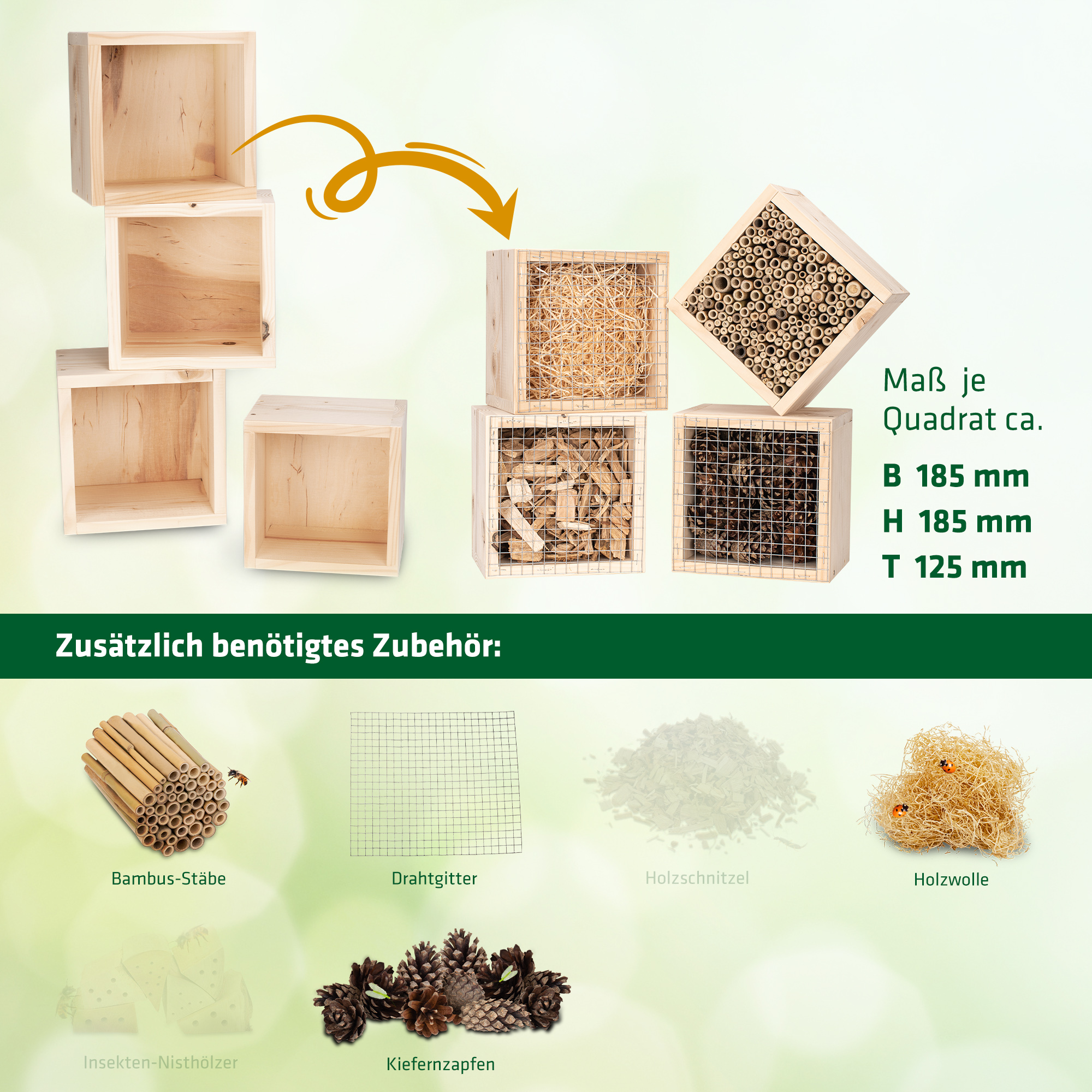 92462-Kreativ-Bausatz-Fichte-mig-selber-machen Mit den Drahtgittern lassen sich die Füllungen gut gegen Nesträuber und Witterung schützen – für ein haltbares Insektenhotel.