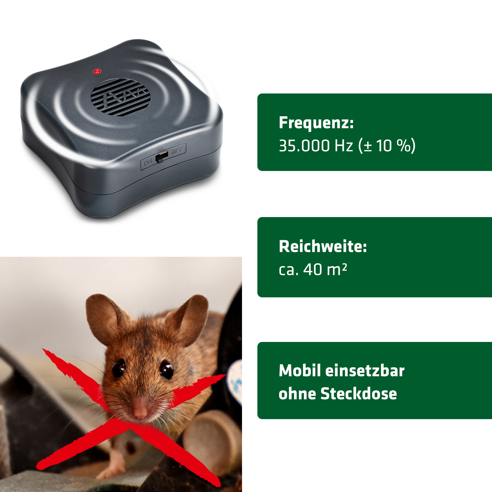 Gardigo® Mäusevertreiber Mobil - 2er Set I Ultraschall Mäuseabwehr gegen  Mäuse und Ratten I Mobil einsetzbar durch Batteriebetrieb I Wirkungsbereich
