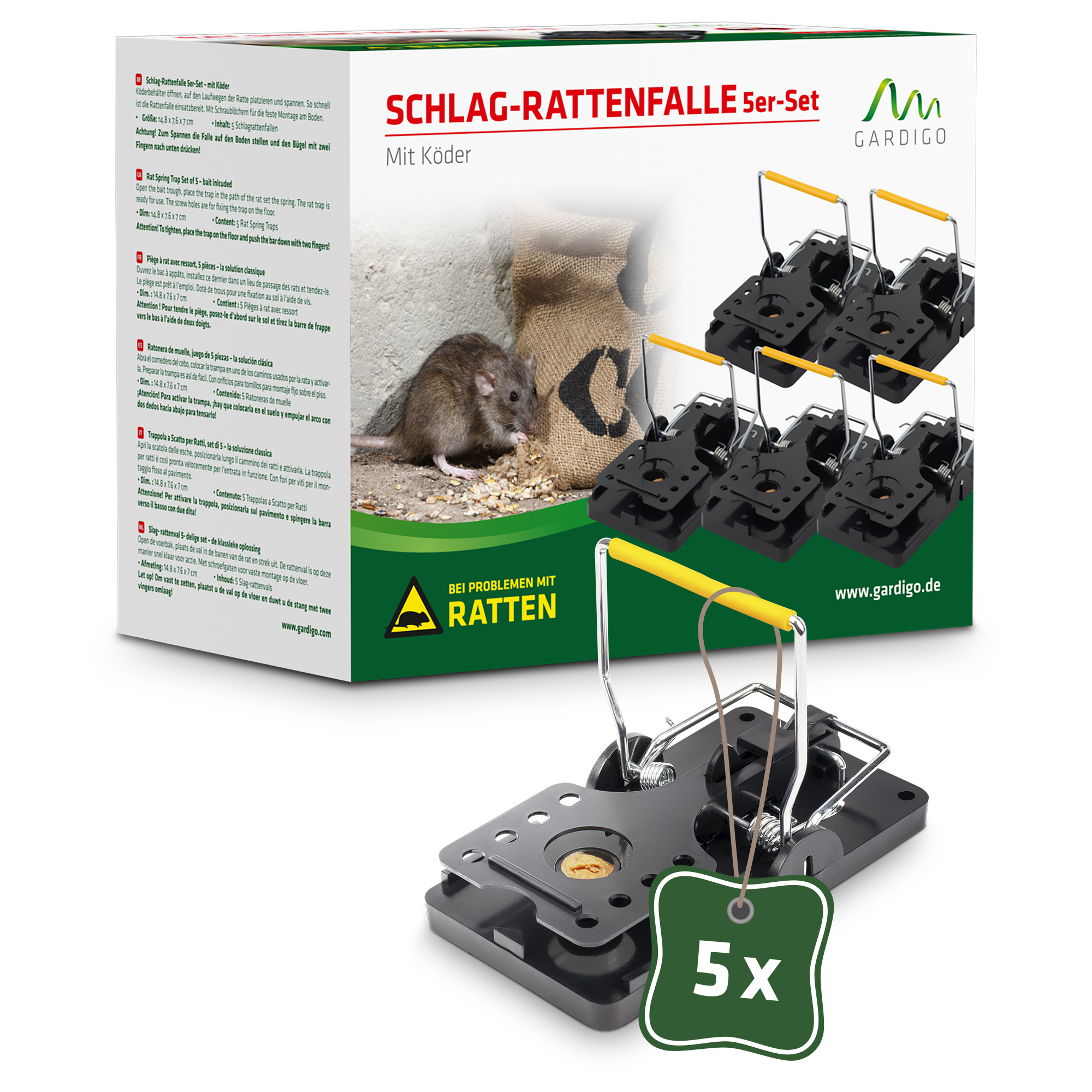 Schlag-Rattenfalle 5er-Set, inkl. Köder
